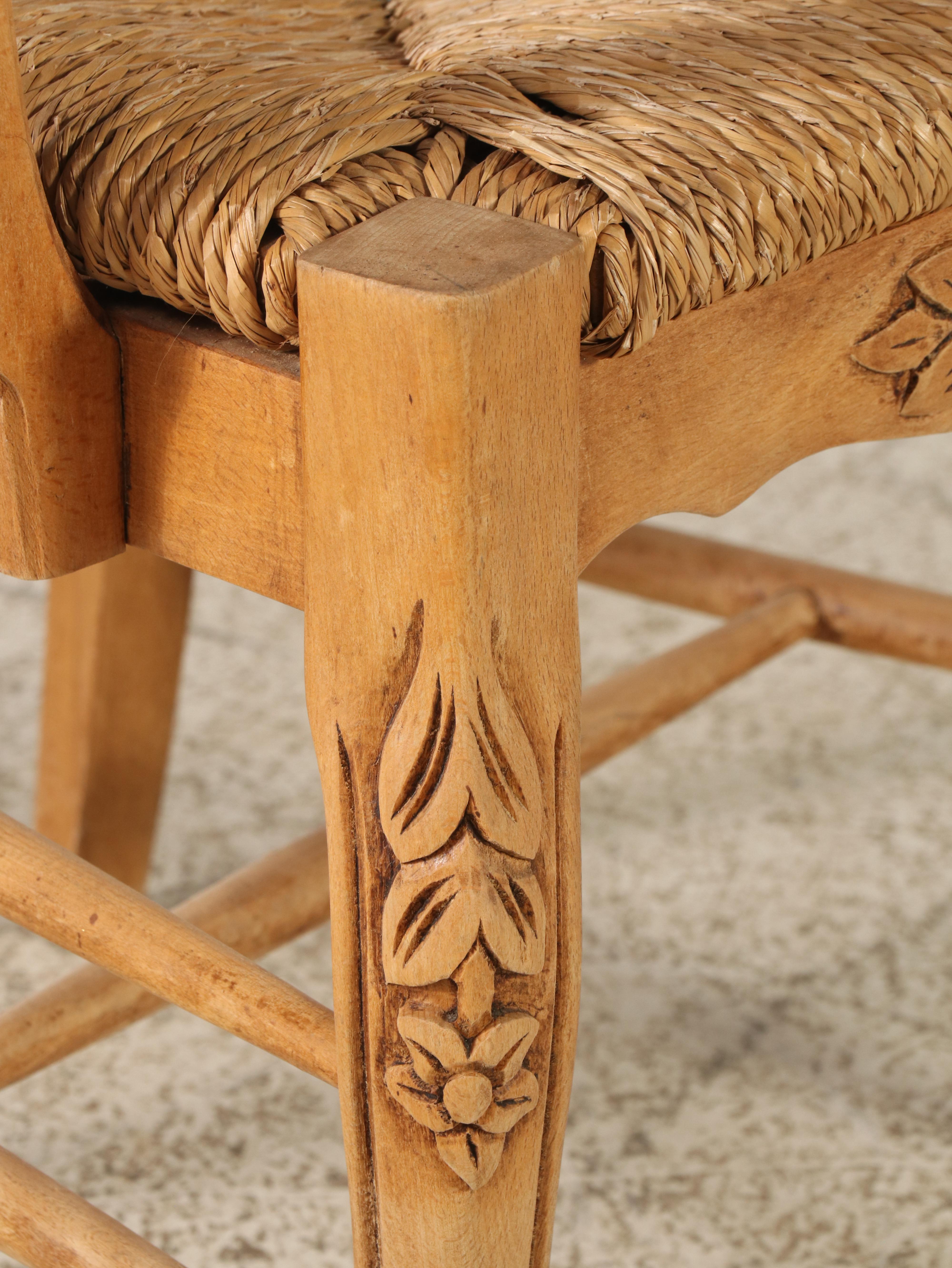 French Country Style Carved Ladder Back Dining Chairs with Rush Seats