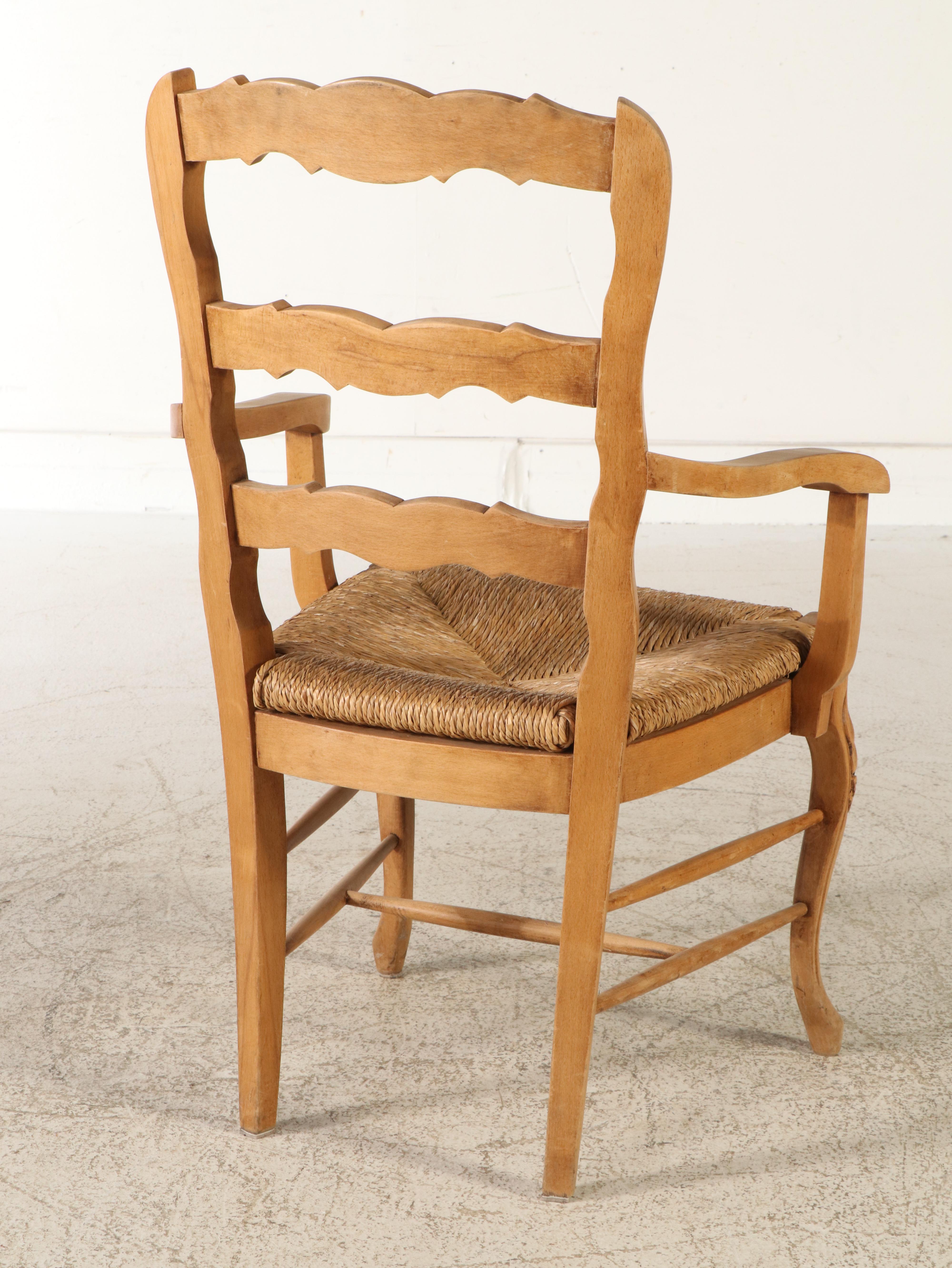 French Country Style Carved Ladder Back Dining Chairs with Rush Seats