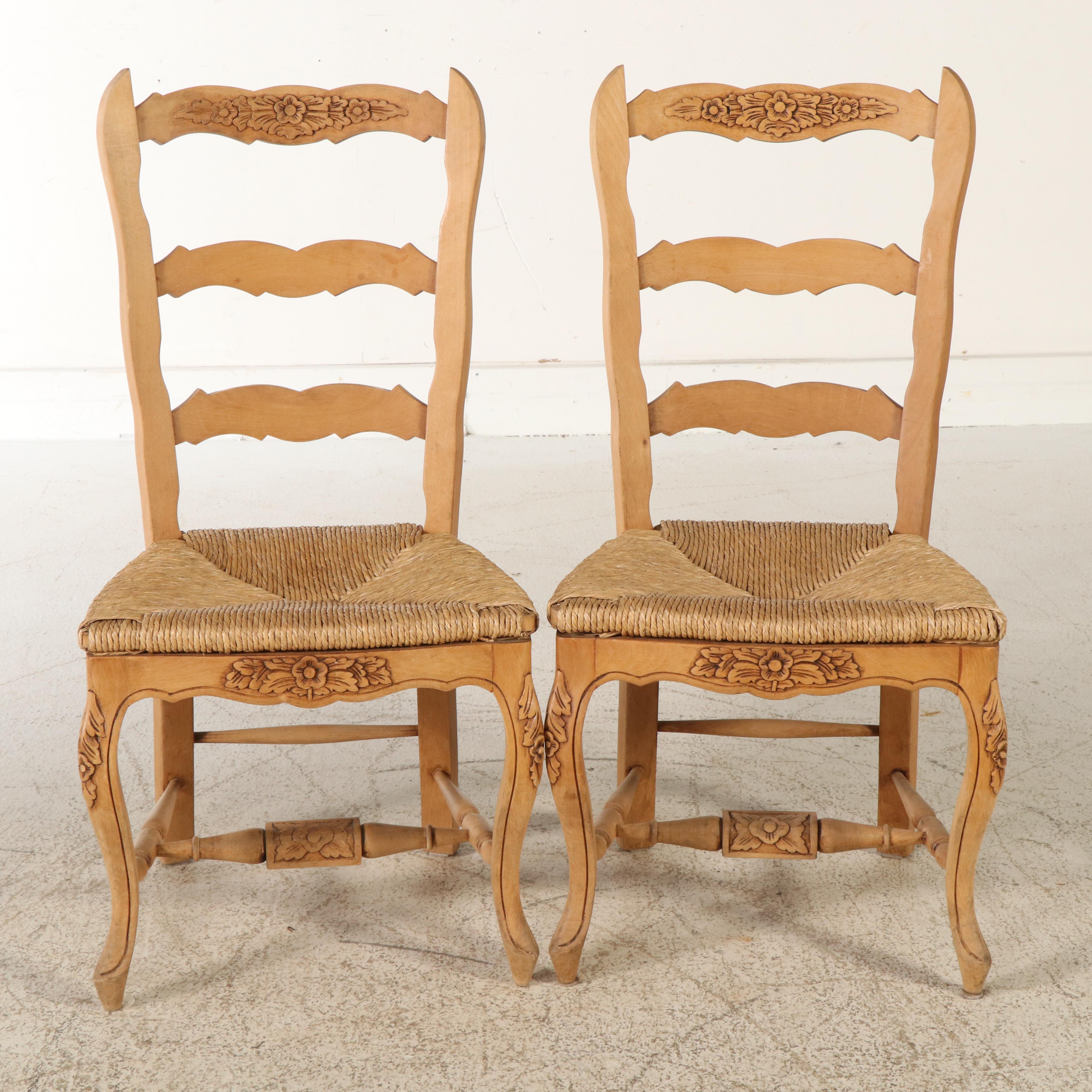 French Country Style Carved Ladder Back Dining Chairs with Rush Seats