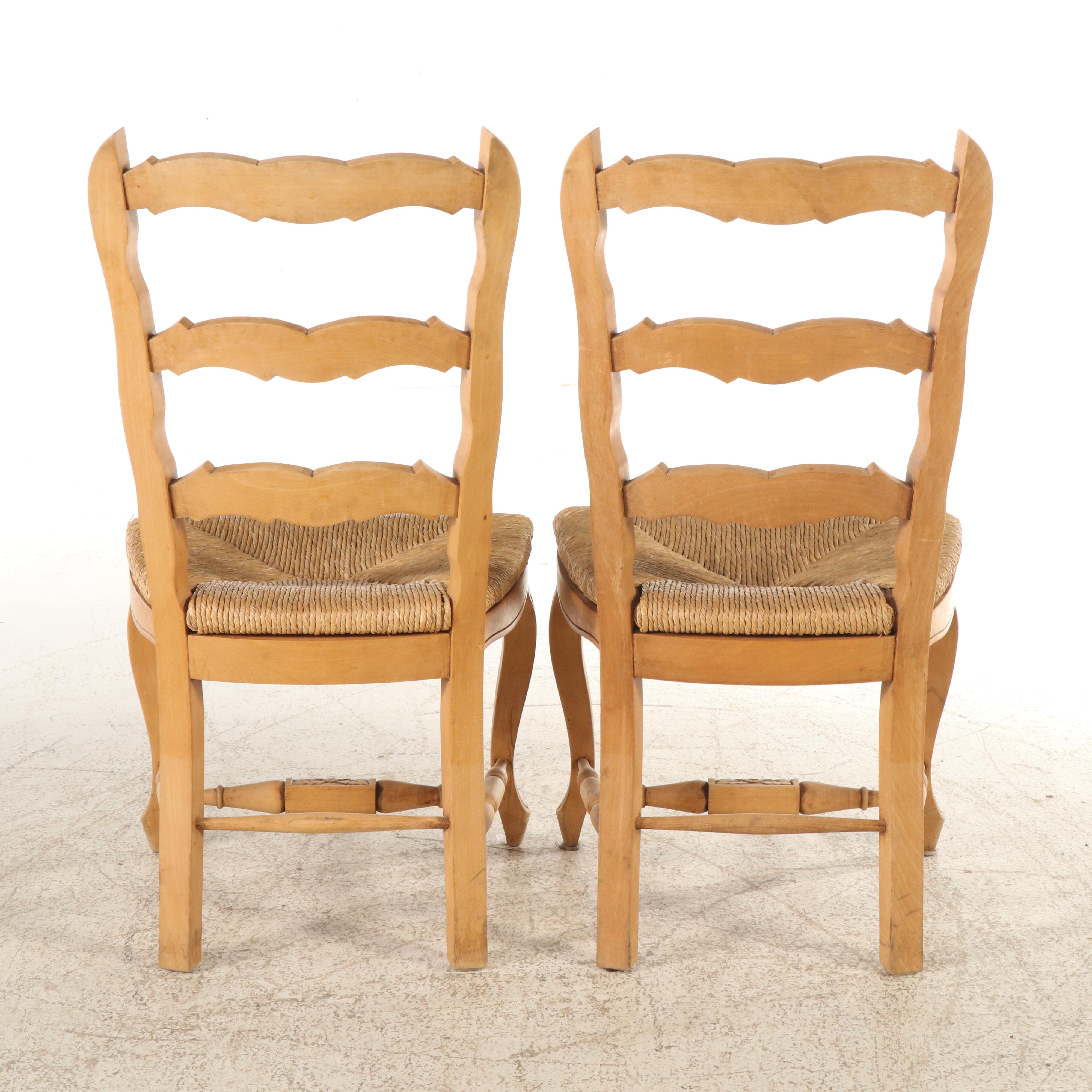 French Country Style Carved Ladder Back Dining Chairs with Rush Seats