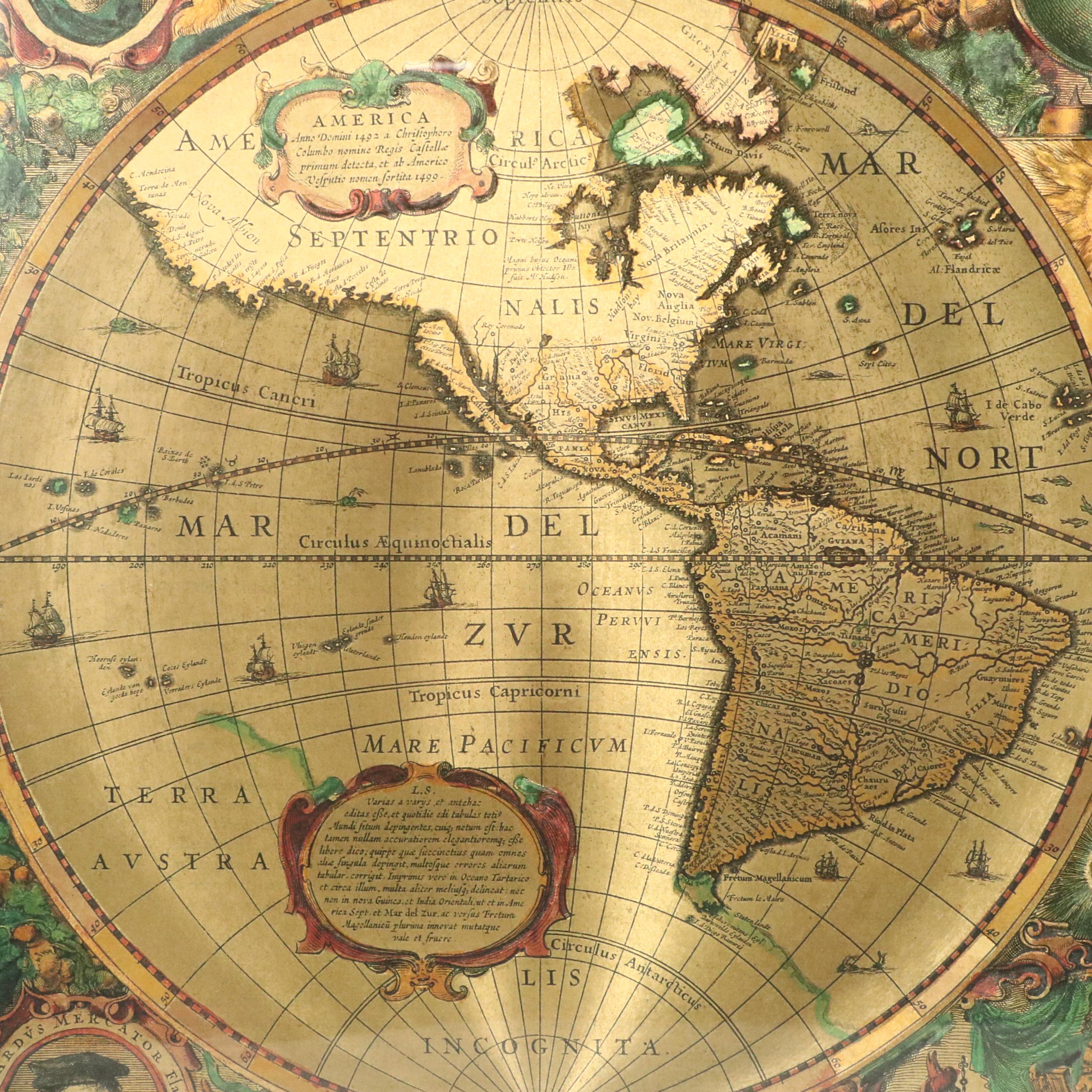 Metallic Offset Lithograph of World Map After Henricus Hondius, 21st Century