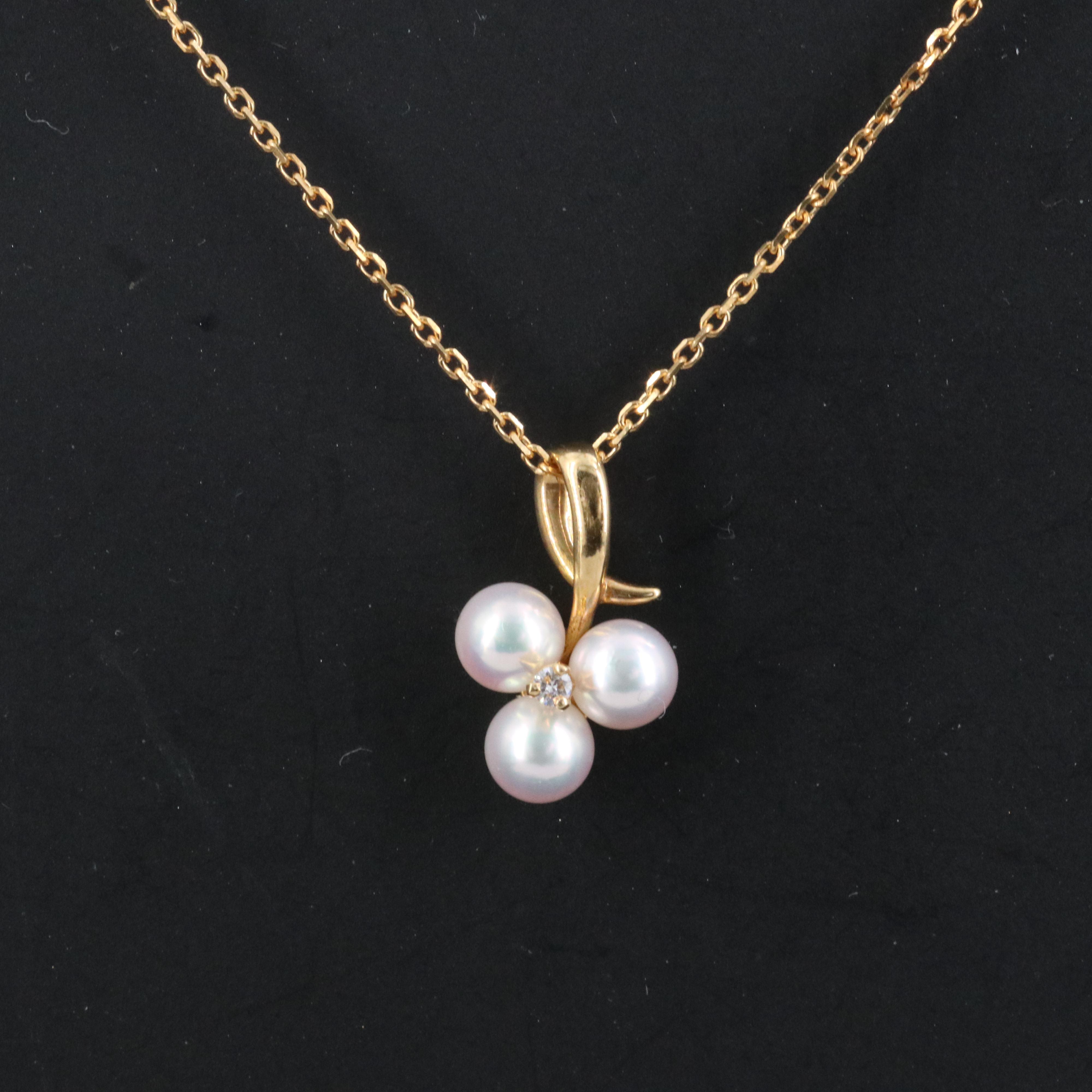 Mikimoto 18K Pearl and Diamond Clover Pendant Necklace