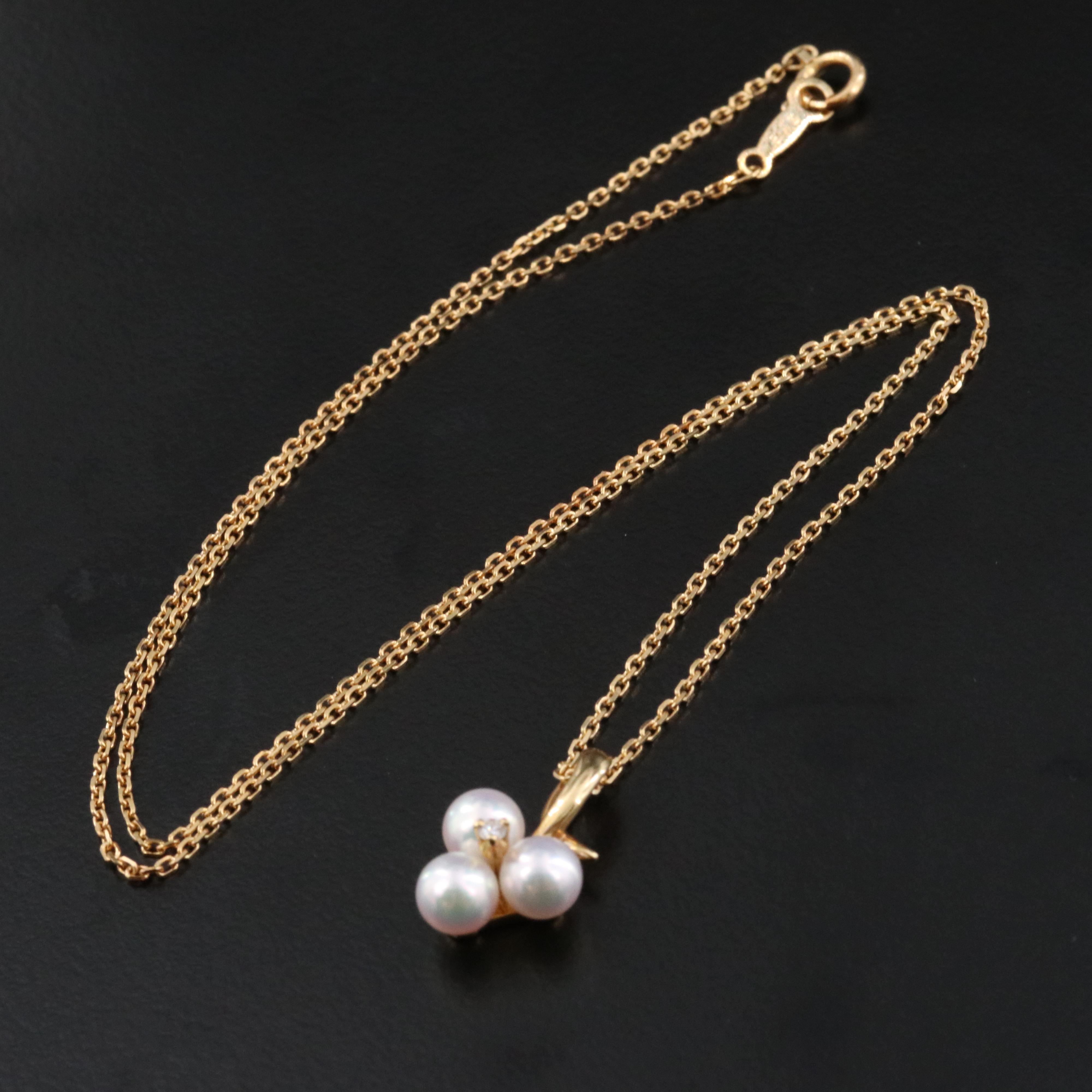 Mikimoto 18K Pearl and Diamond Clover Pendant Necklace