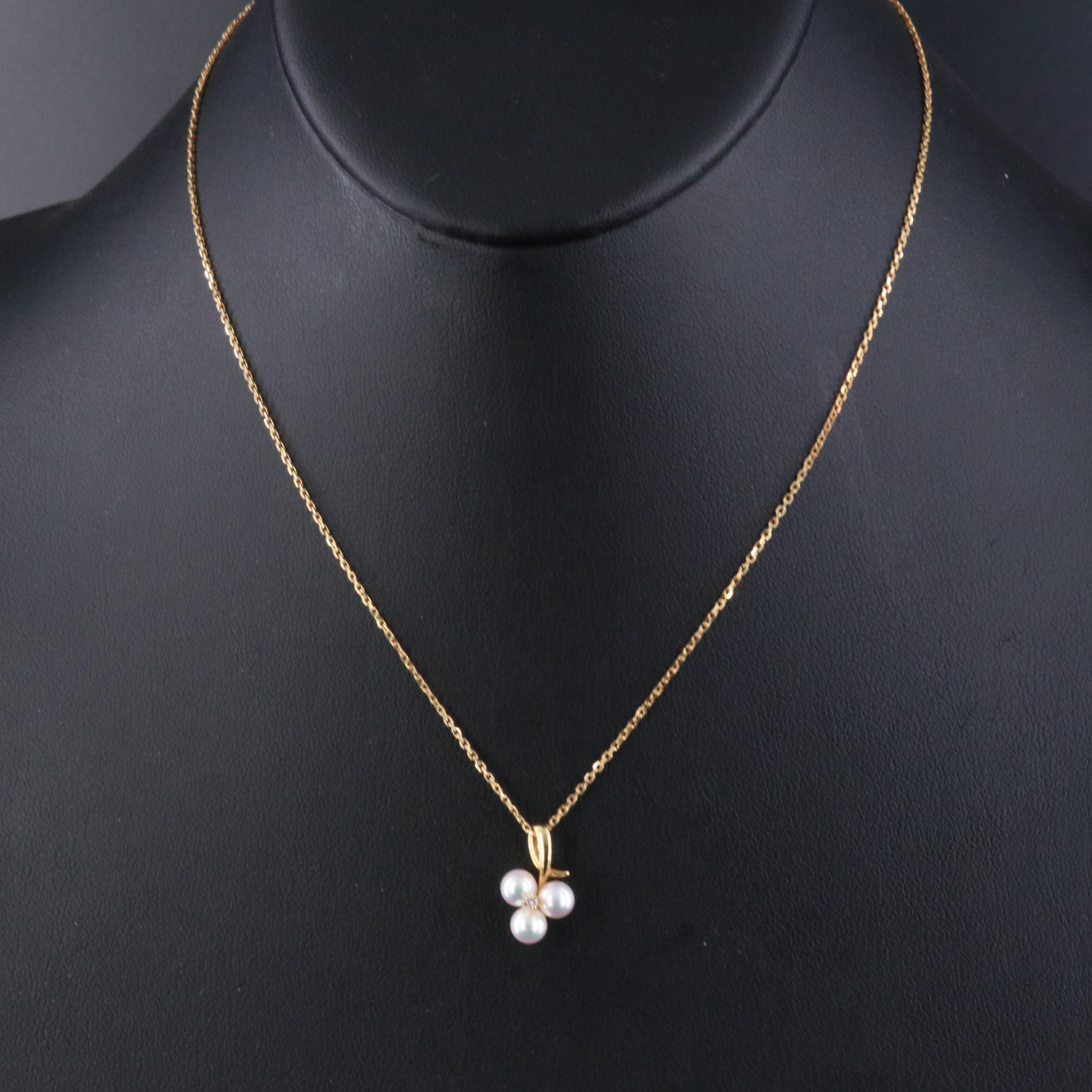Mikimoto 18K Pearl and Diamond Clover Pendant Necklace