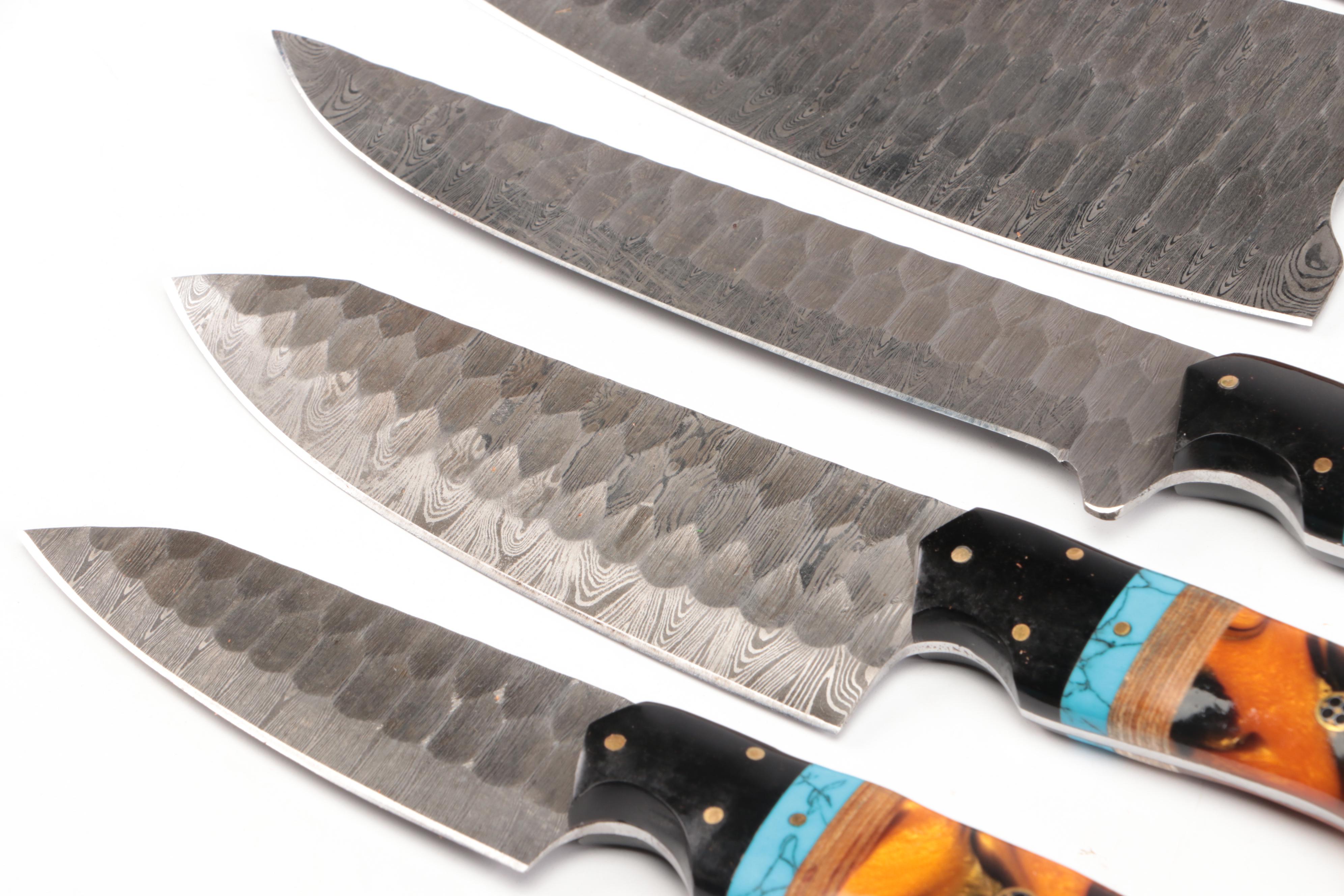 Damascus Steel and Wood Handled Chef's Knife Set in Suede Leather Roll
