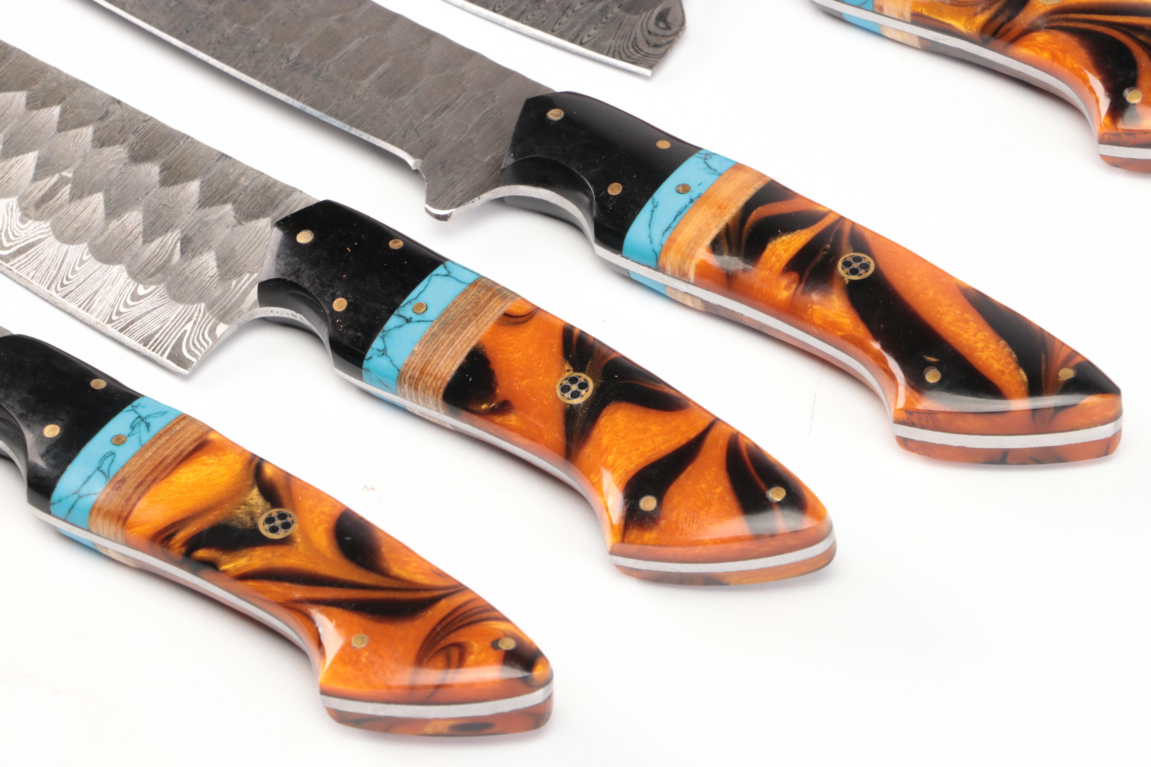 Damascus Steel and Wood Handled Chef's Knife Set in Suede Leather Roll