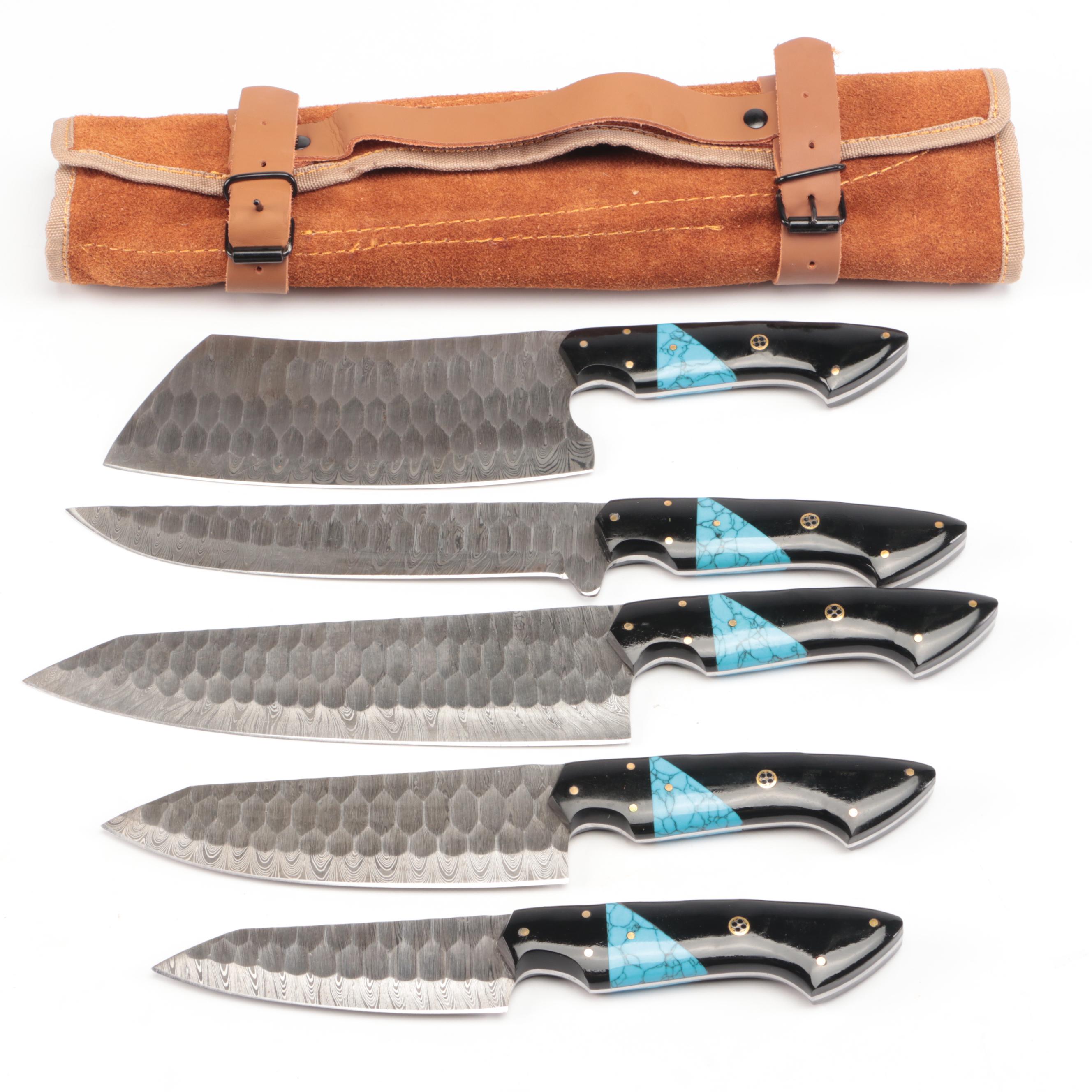 Damascus Steel Chef's Knife Set in Suede Leather Roll