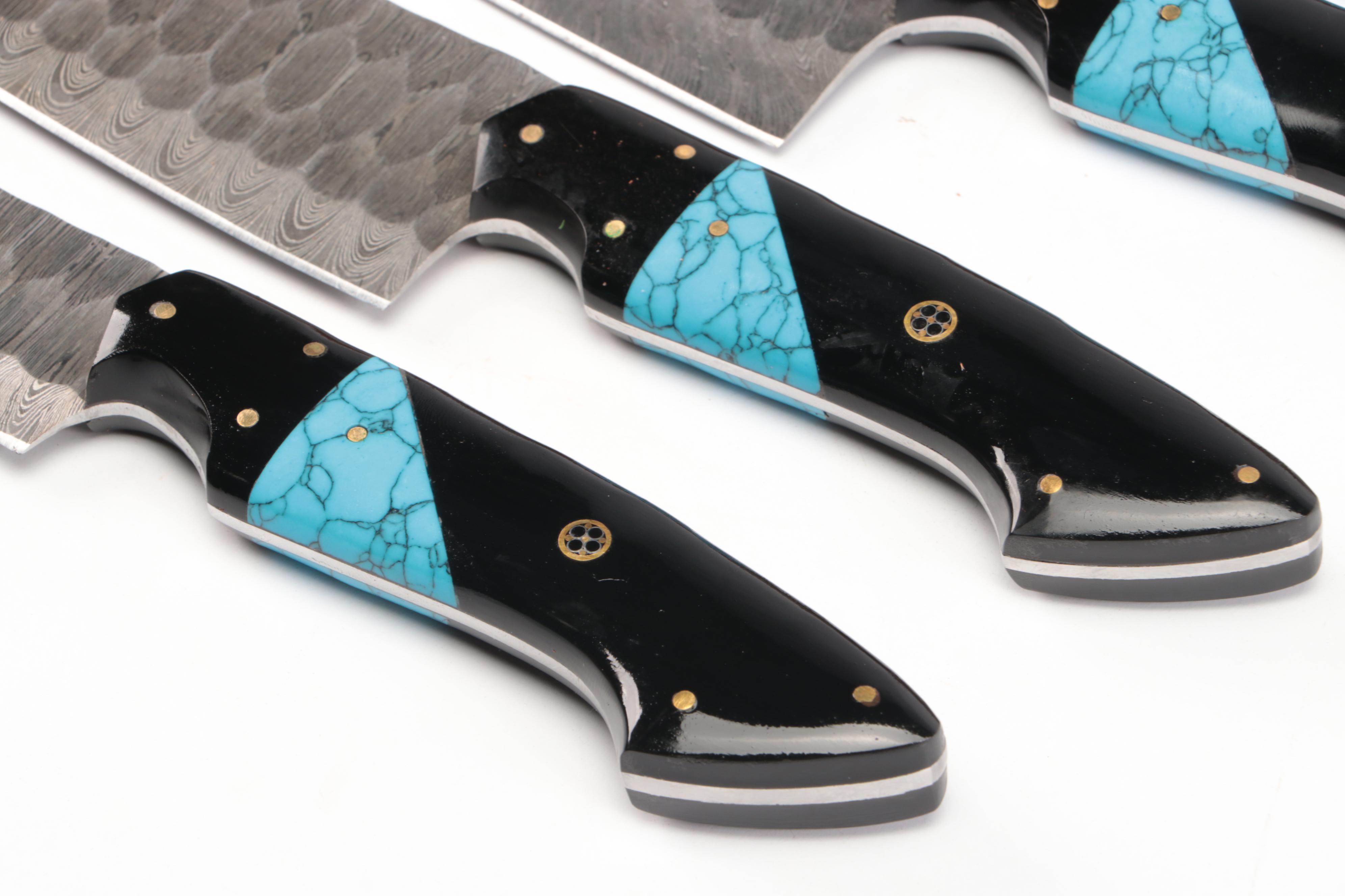 Damascus Steel Chef's Knife Set in Suede Leather Roll