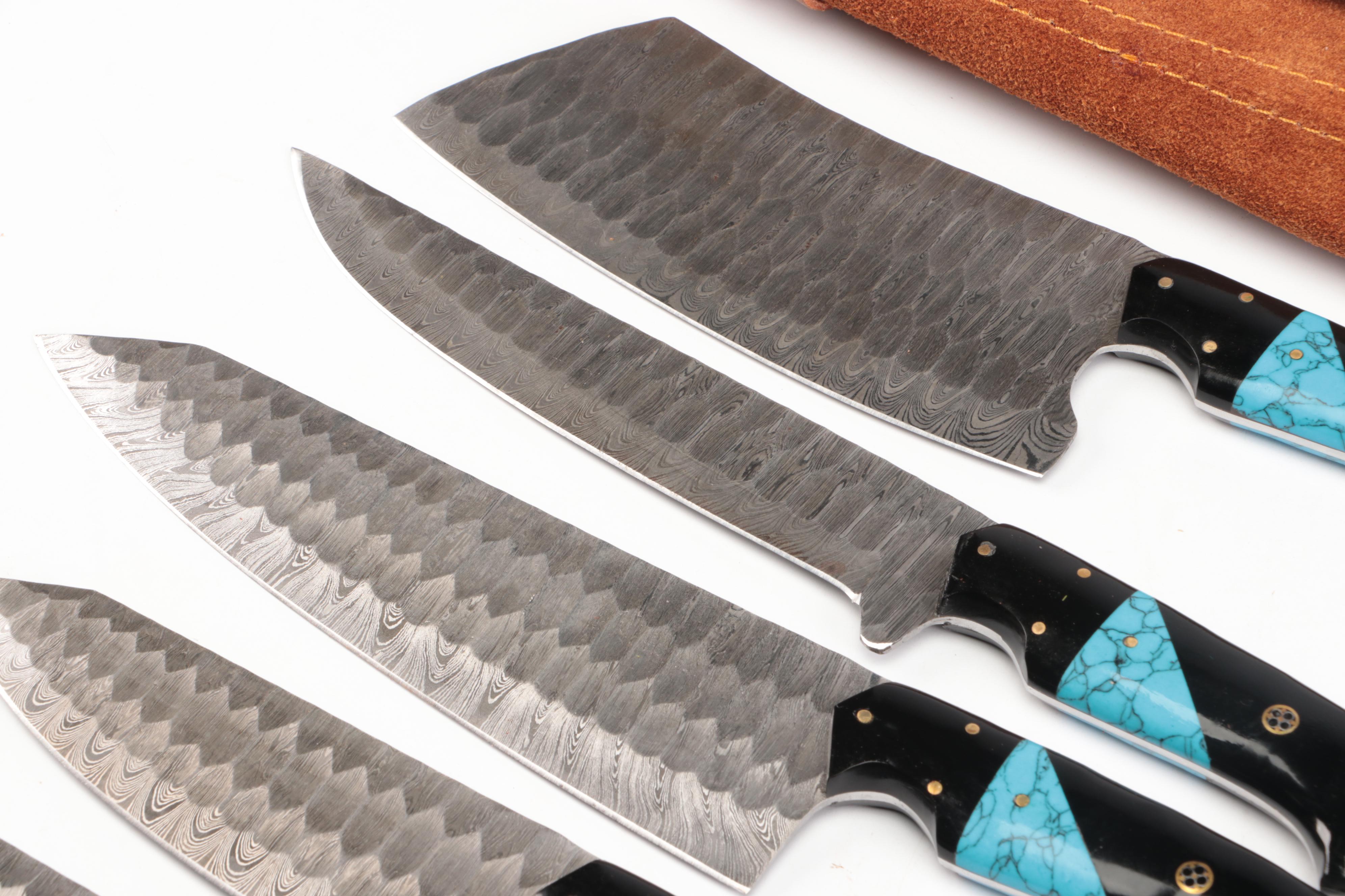 Damascus Steel Chef's Knife Set in Suede Leather Roll