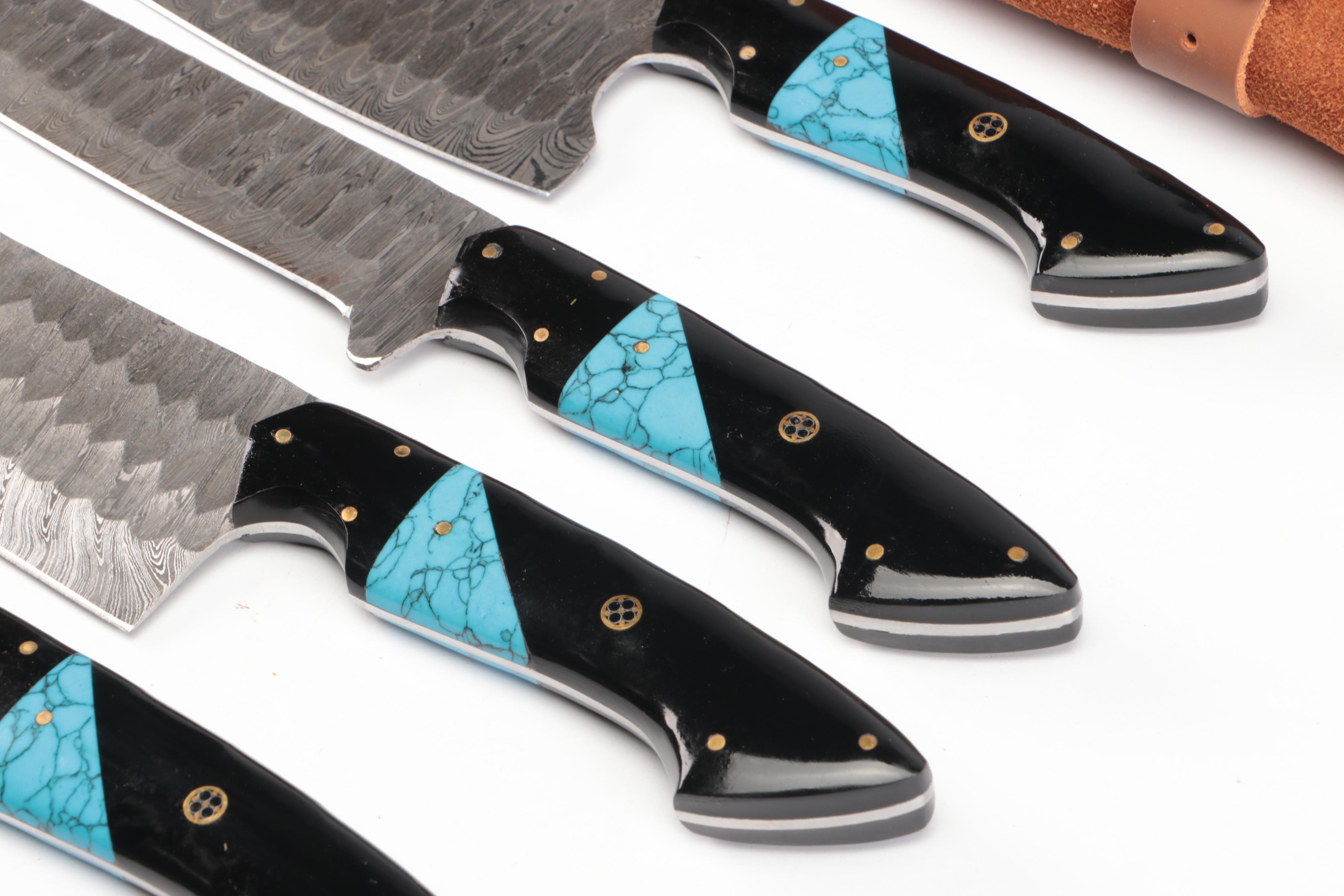 Damascus Steel Chef's Knife Set in Suede Leather Roll