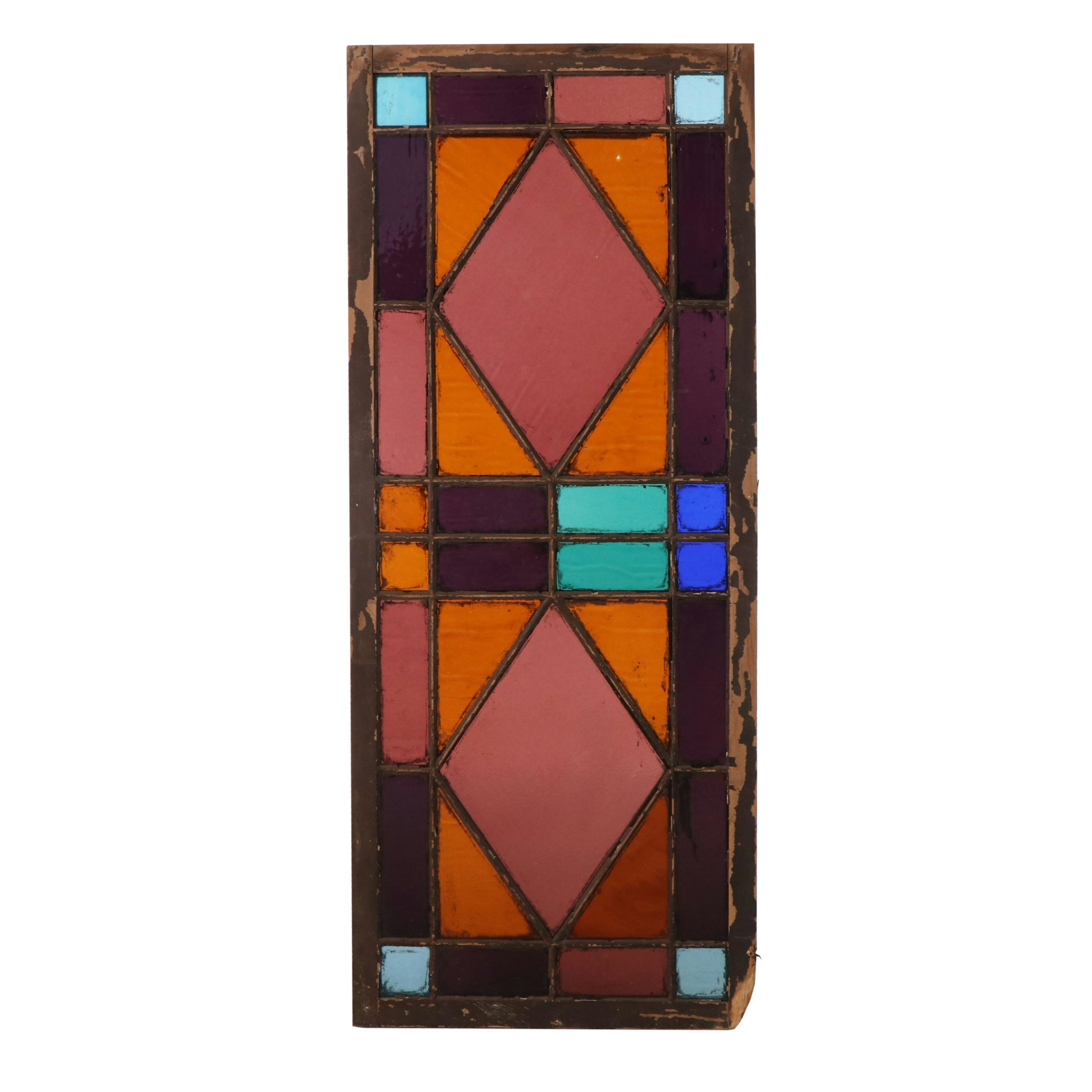 Vintage Geometric Stained Glass Window Panel