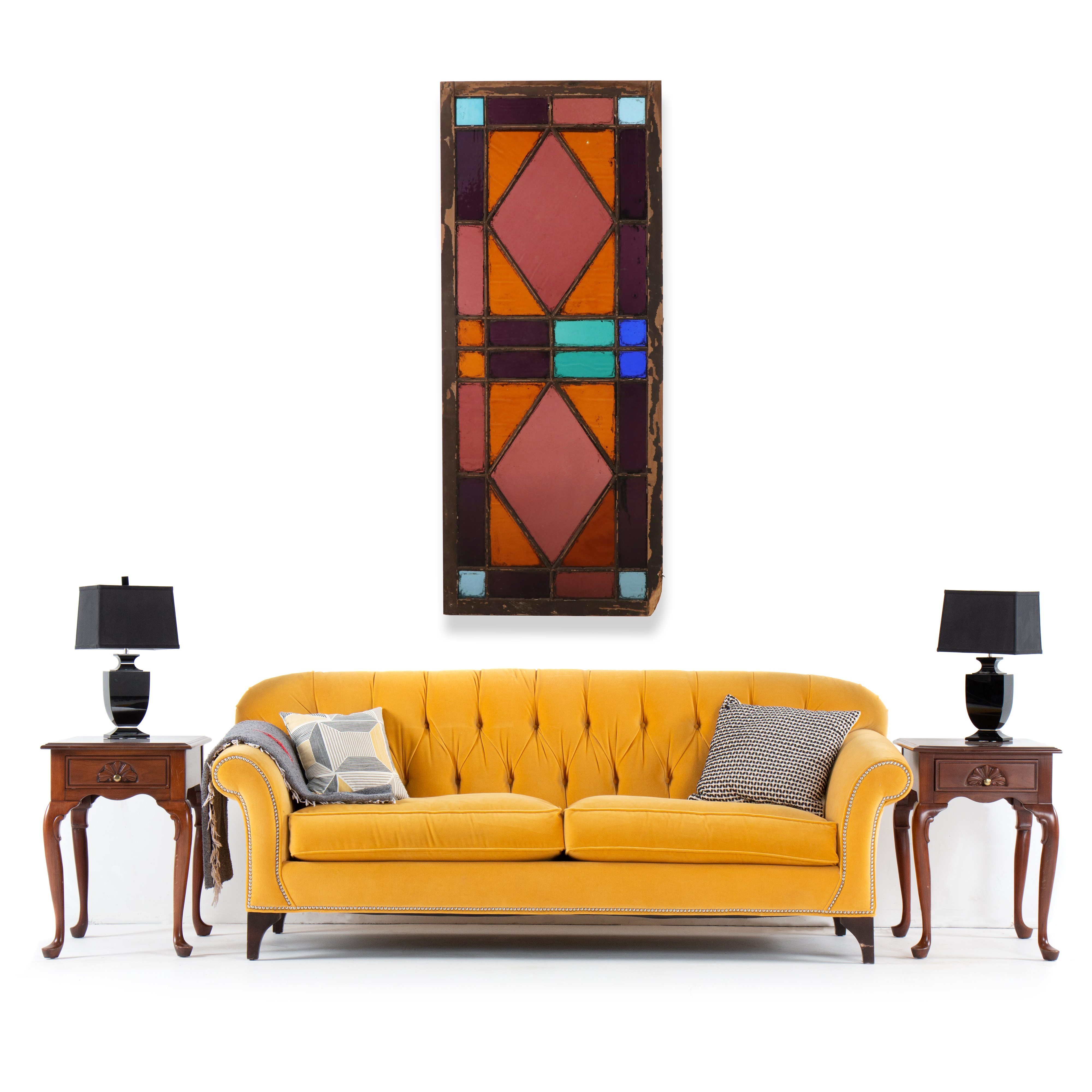 Vintage Geometric Stained Glass Window Panel