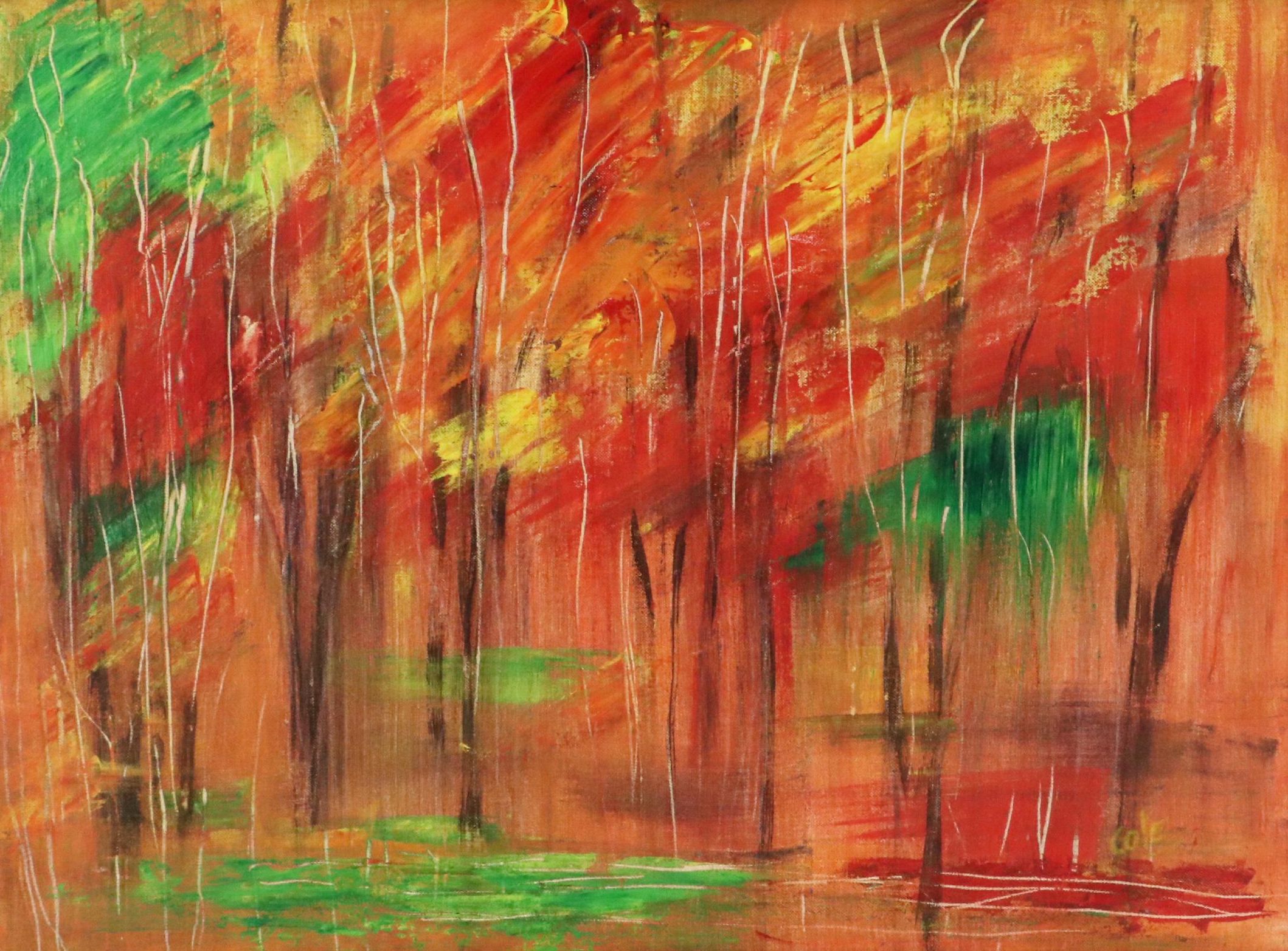 Forest Landscape Oil Painting, Late 20th Century