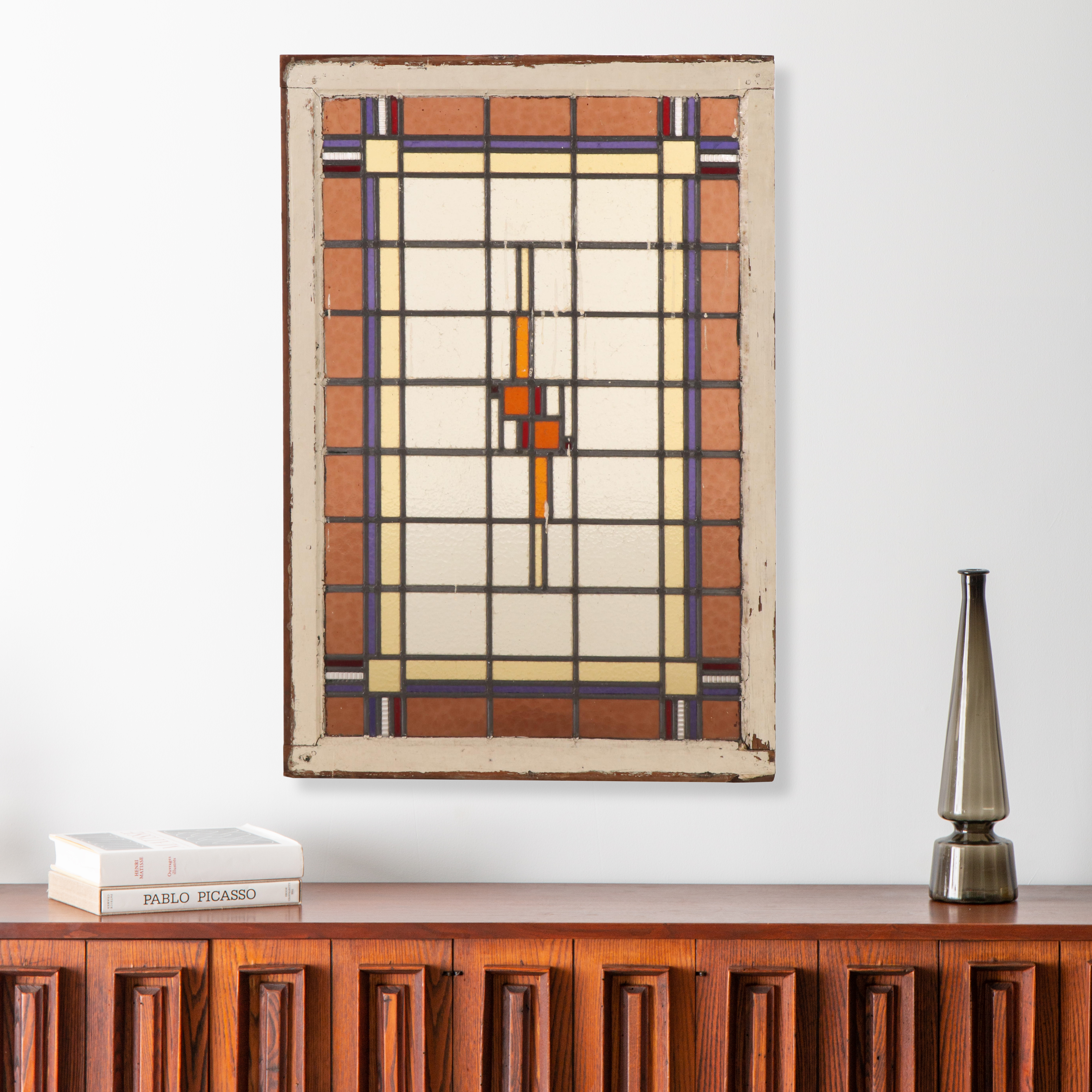 Arts and Crafts Geometric Stand Glass Window Panel