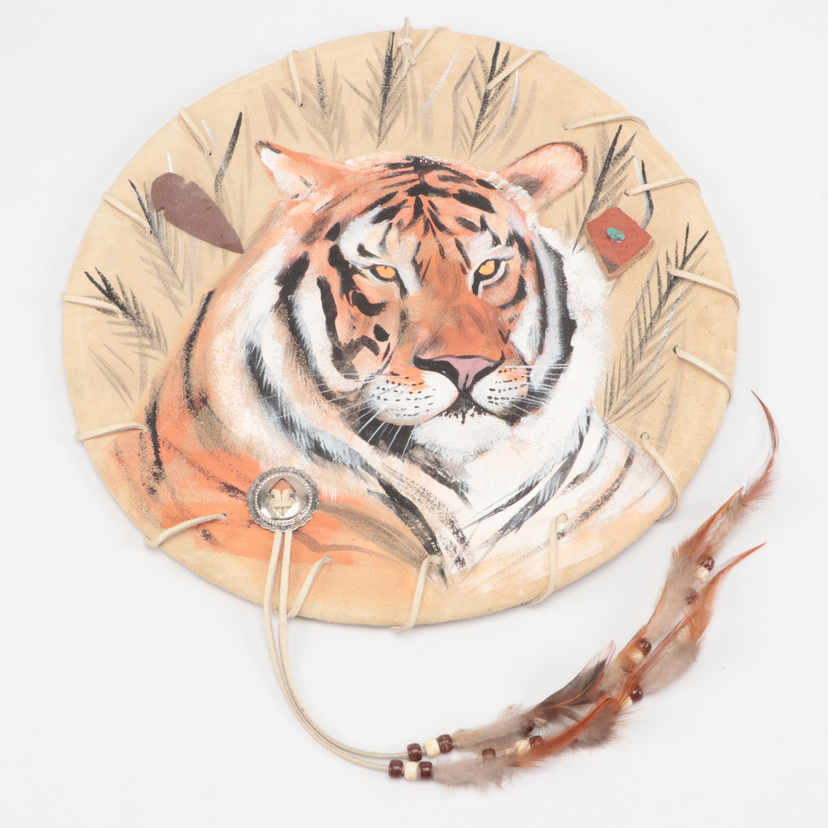 Native American Style Hide Medicine Shield with Tiger Motif