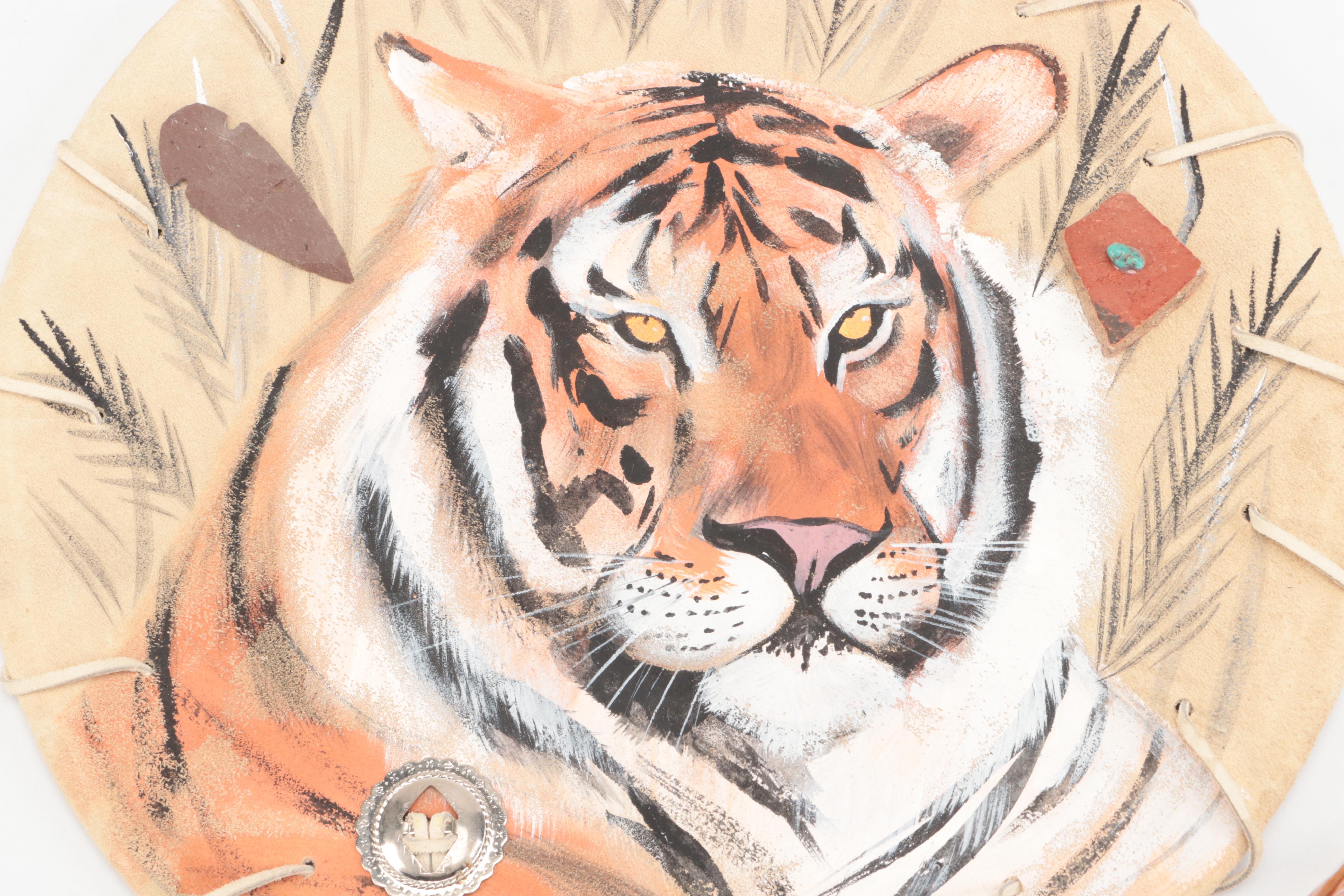 Native American Style Hide Medicine Shield with Tiger Motif