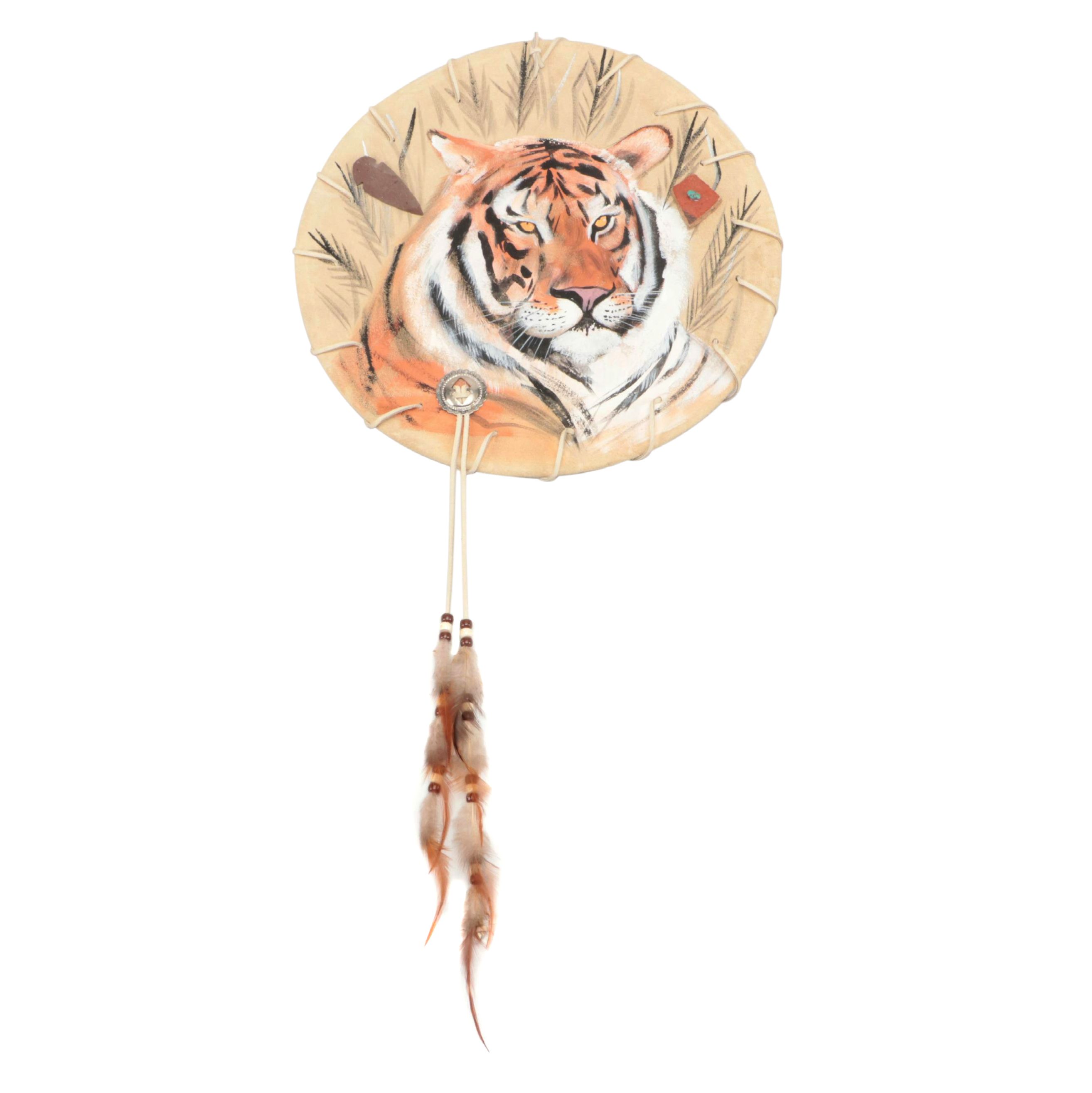 Native American Style Hide Medicine Shield with Tiger Motif