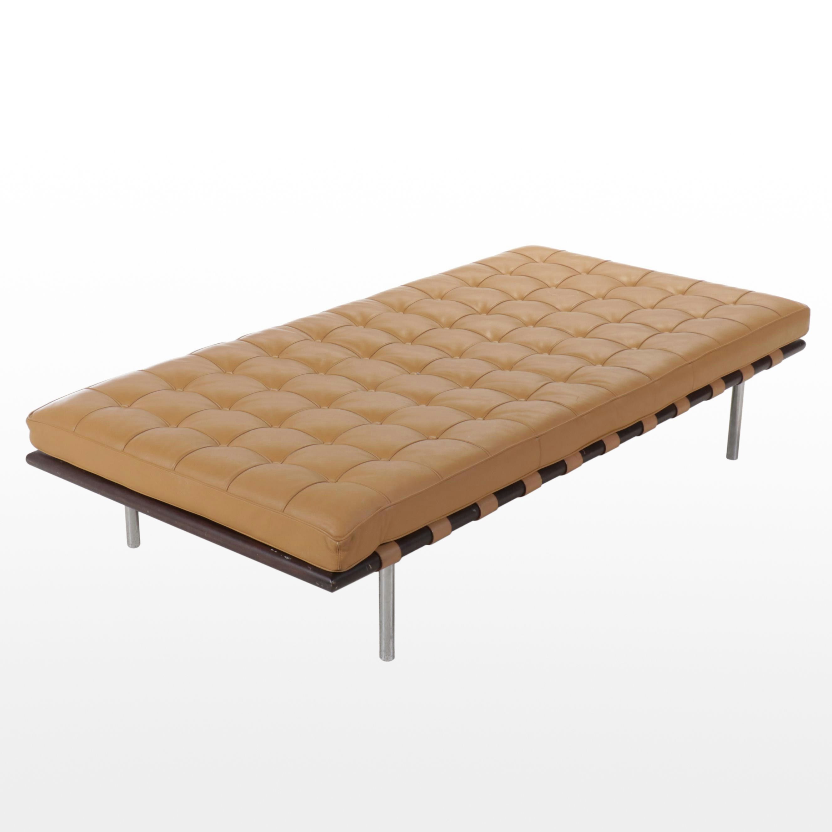 Modern Tan Button-Tufted Leather Daybed