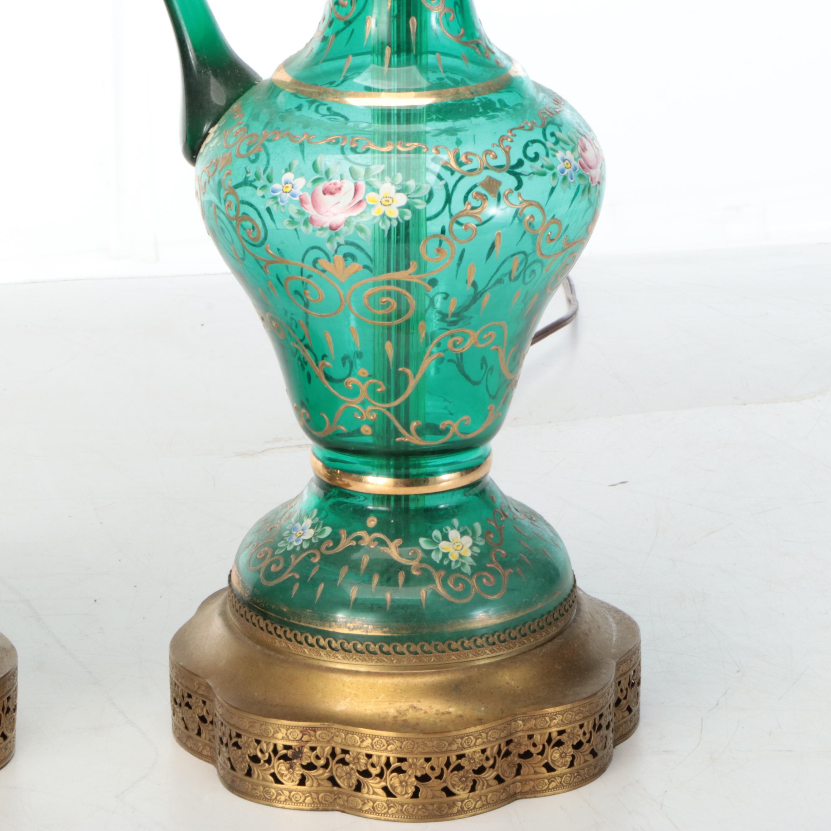 Bohemian Style Painted Green Glass Ewer Table Lamps