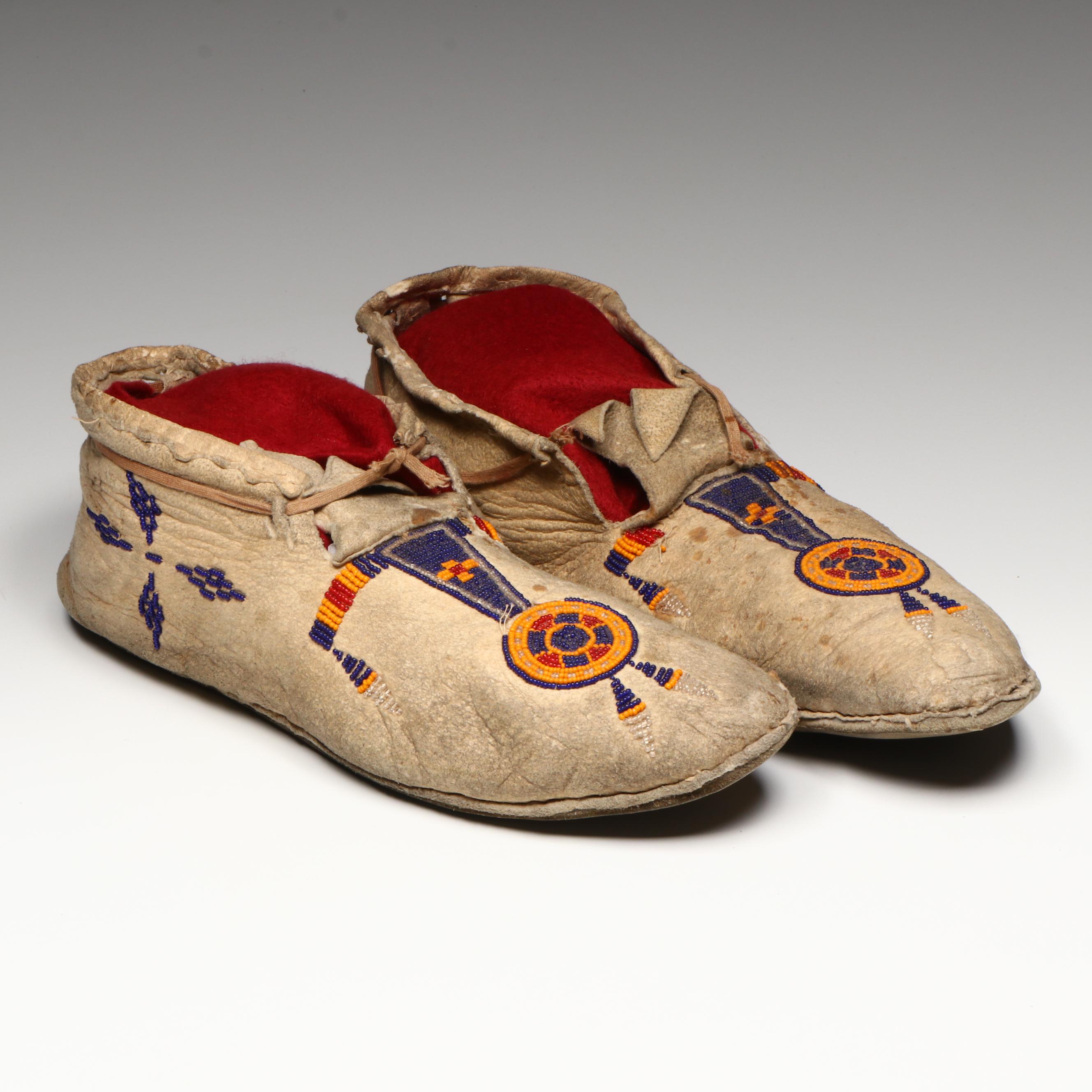 Pair of Indigenous Plains Beaded Hide Moccasins