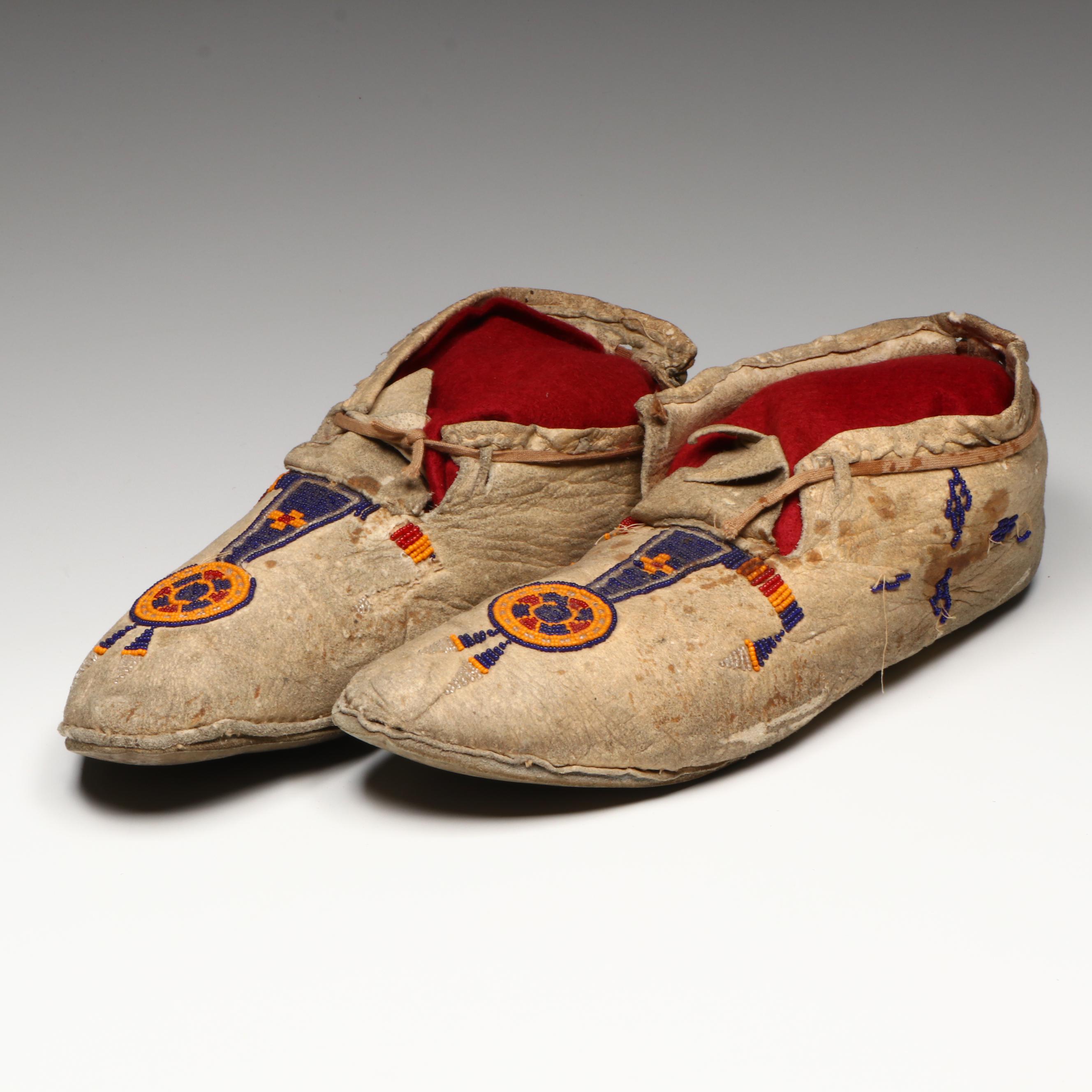 Pair of Indigenous Plains Beaded Hide Moccasins