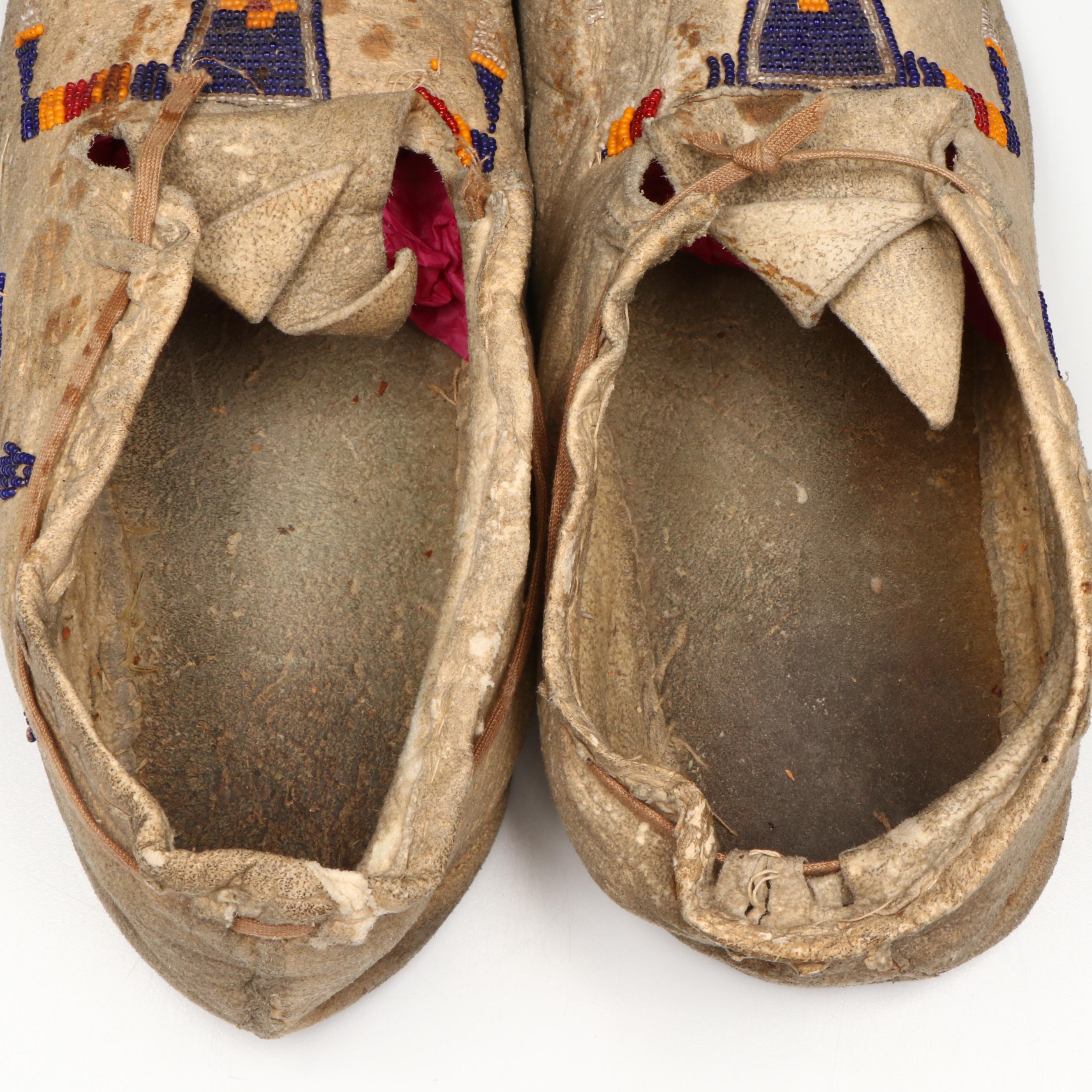 Pair of Indigenous Plains Beaded Hide Moccasins