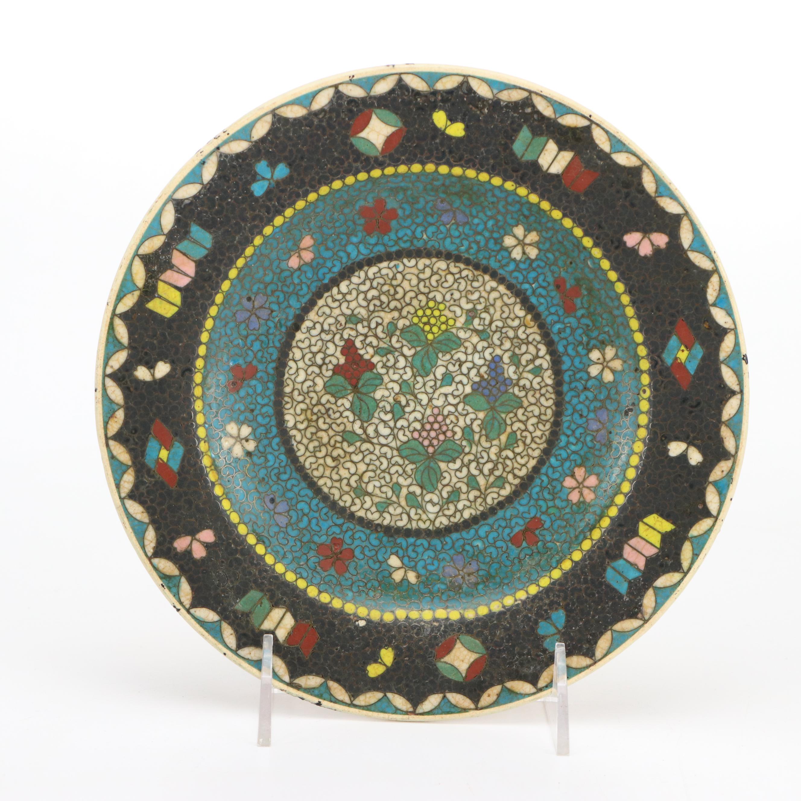 Japanese Meiji Style Cloisonné Ceramic Plates, Ginger Jar and Vase