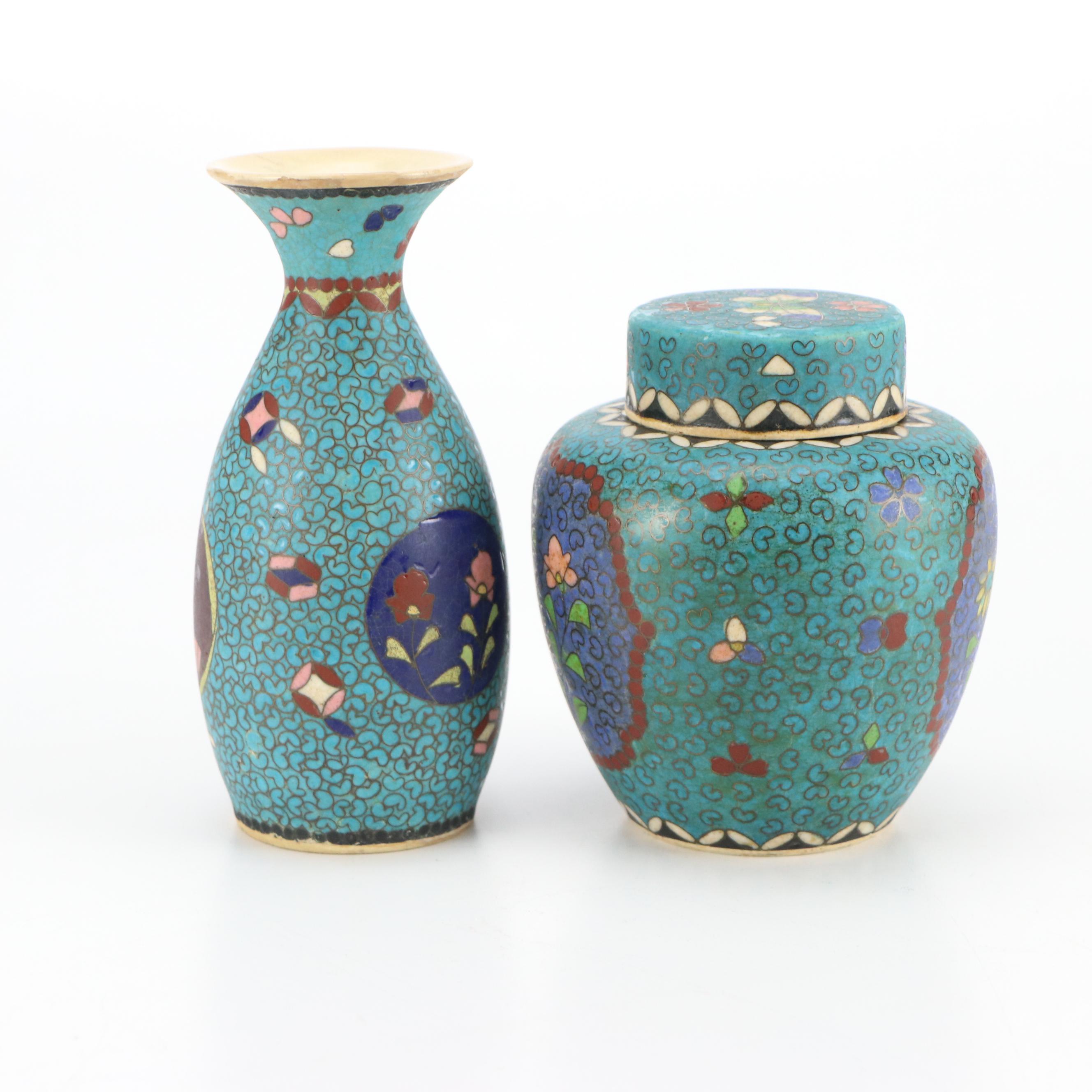 Japanese Meiji Style Cloisonné Ceramic Plates, Ginger Jar and Vase