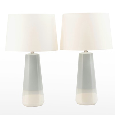 Pair of Three-Color Glazed Ceramic Table Lamps with Cotton Shades, 2018 Pair of Three-Color Glazed Ceramic Table Lamps with Cotton Shades, 2018