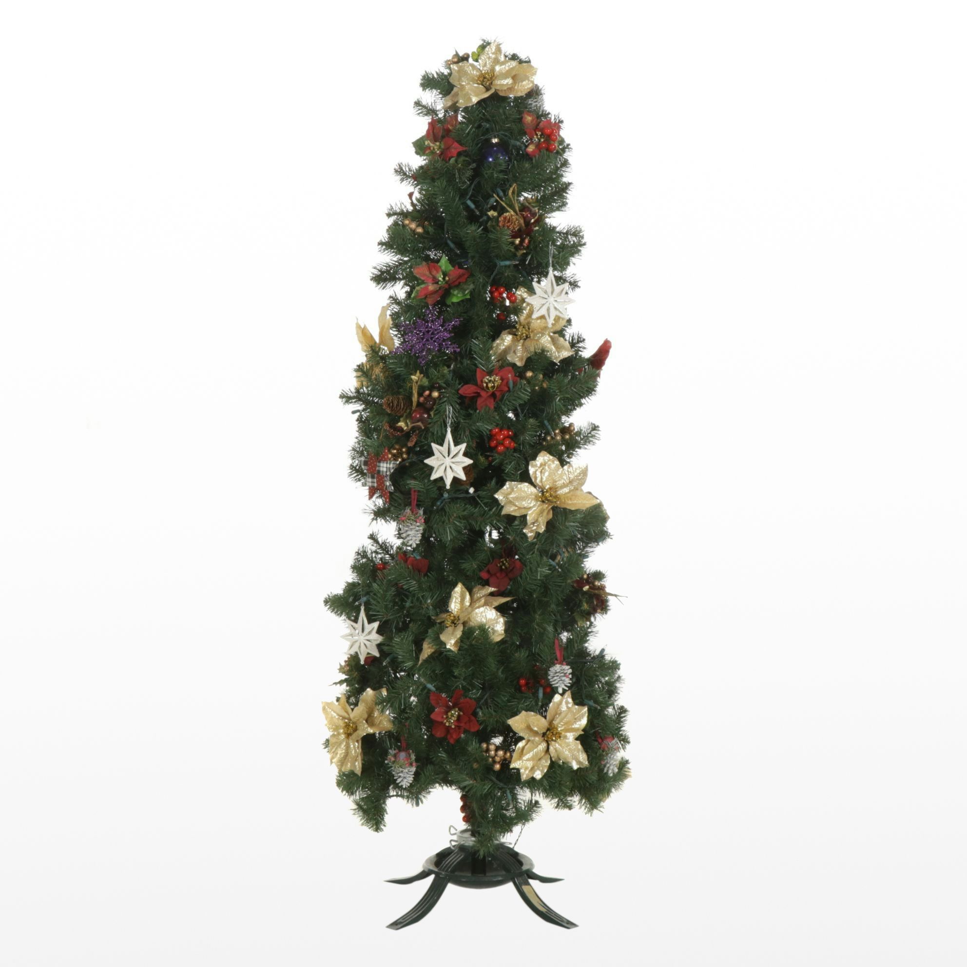 Lighted Artificial Christmas Tree with Poinsettias and Other Ornaments