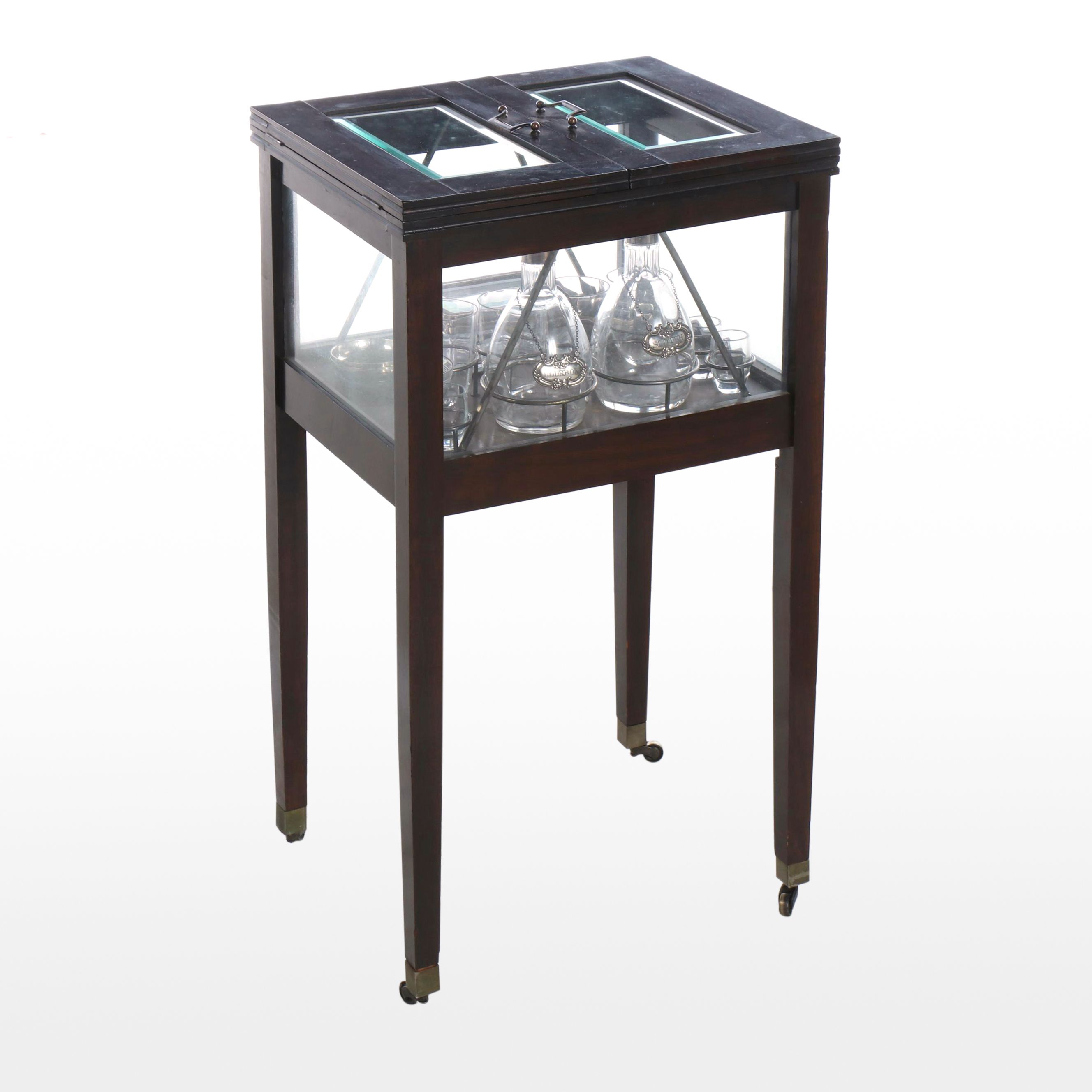 Art Deco Style Ebonized Wood and Glass Lift-Top Bar Cabinet with Barware
