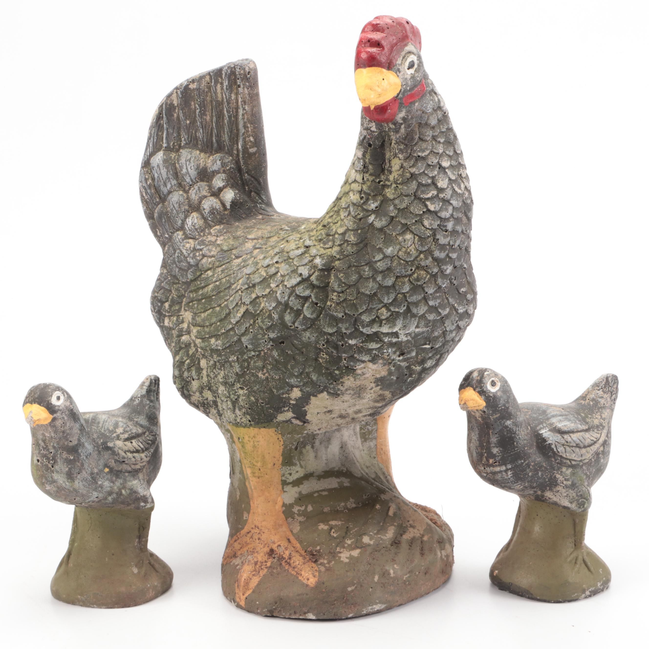 Cast and Painted Concrete Chicken with Chicks