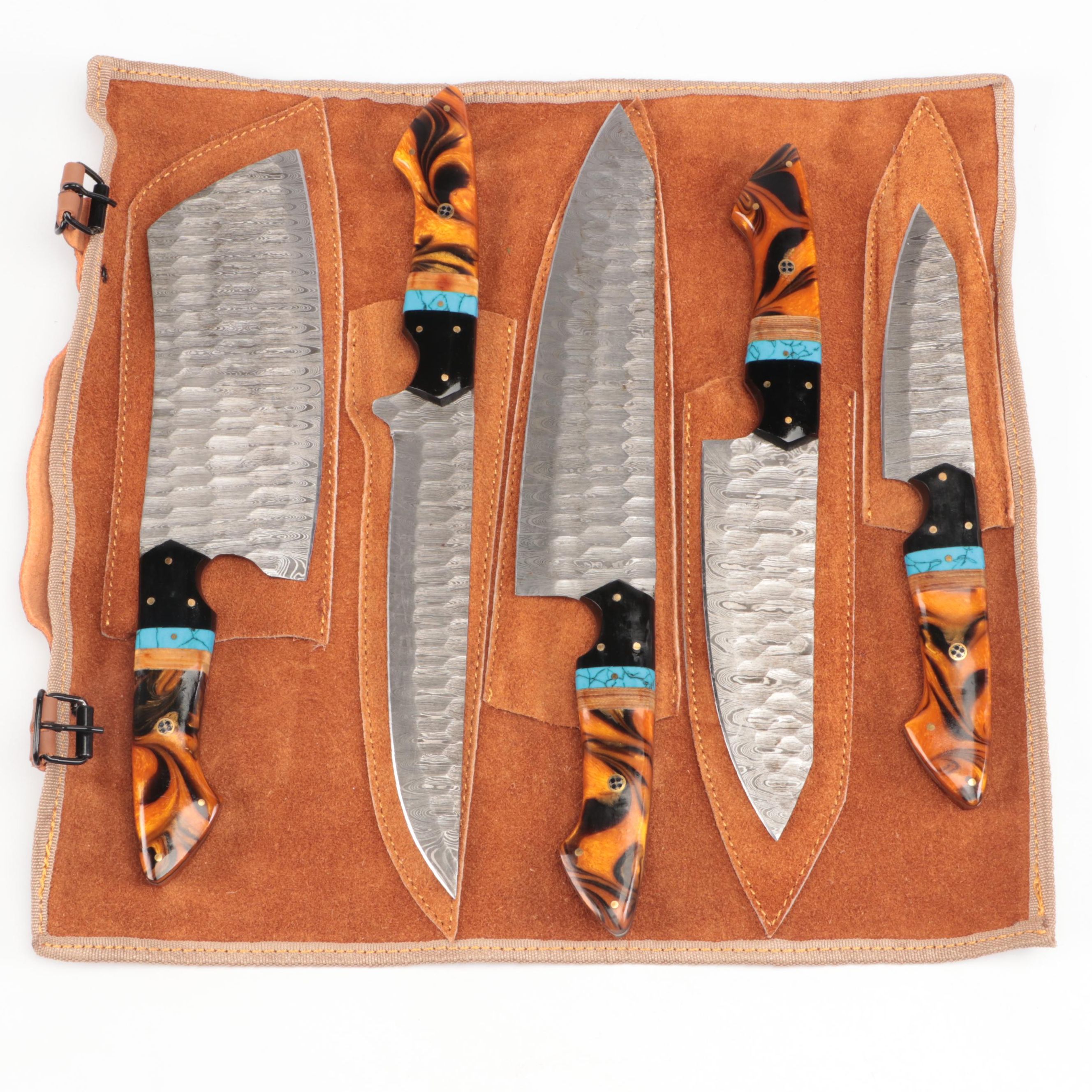 Damascus Steel and Wood Handled Chef's Knife Set in Suede Leather Roll