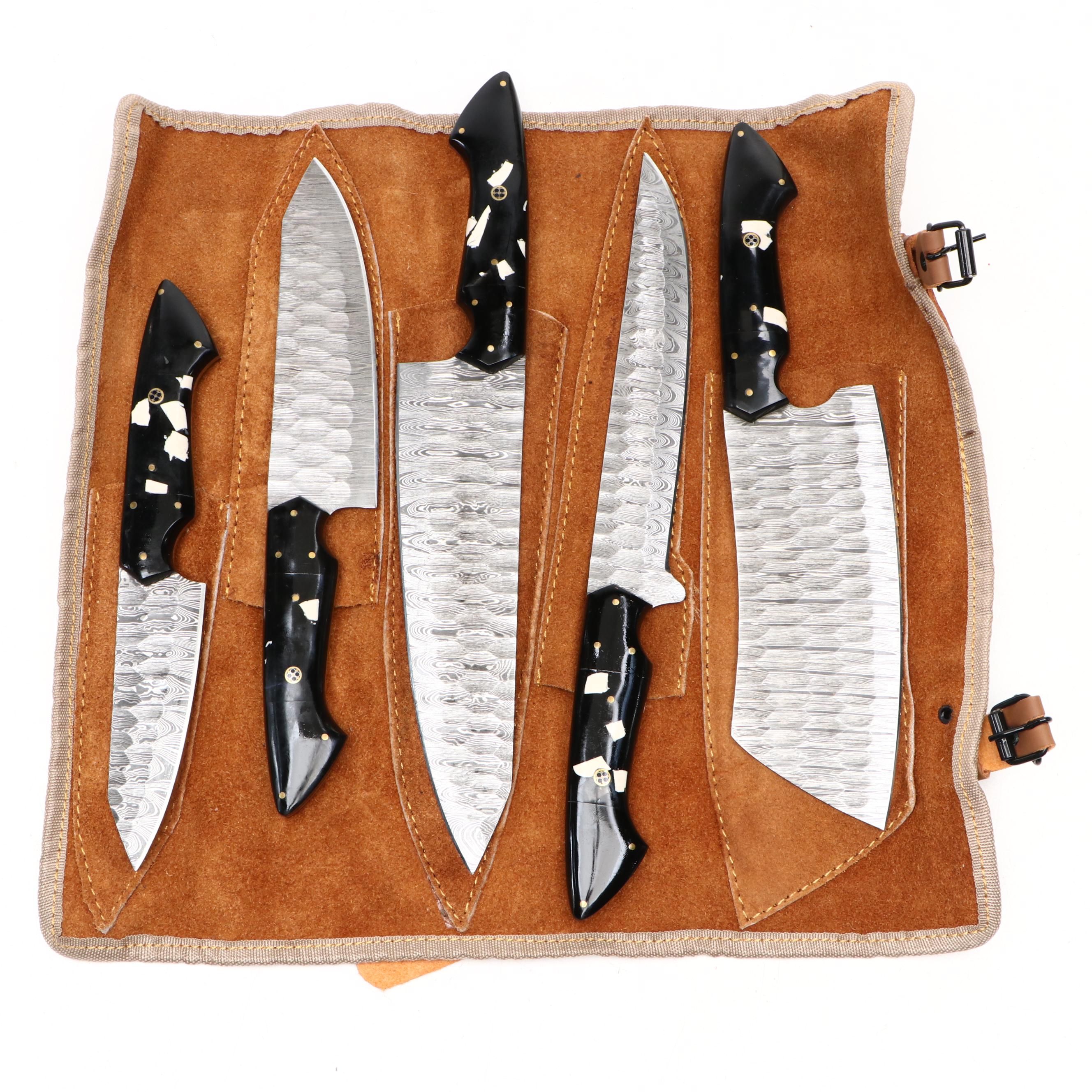 Damascus Steel Chef's Knife Set with Suede Leather Roll