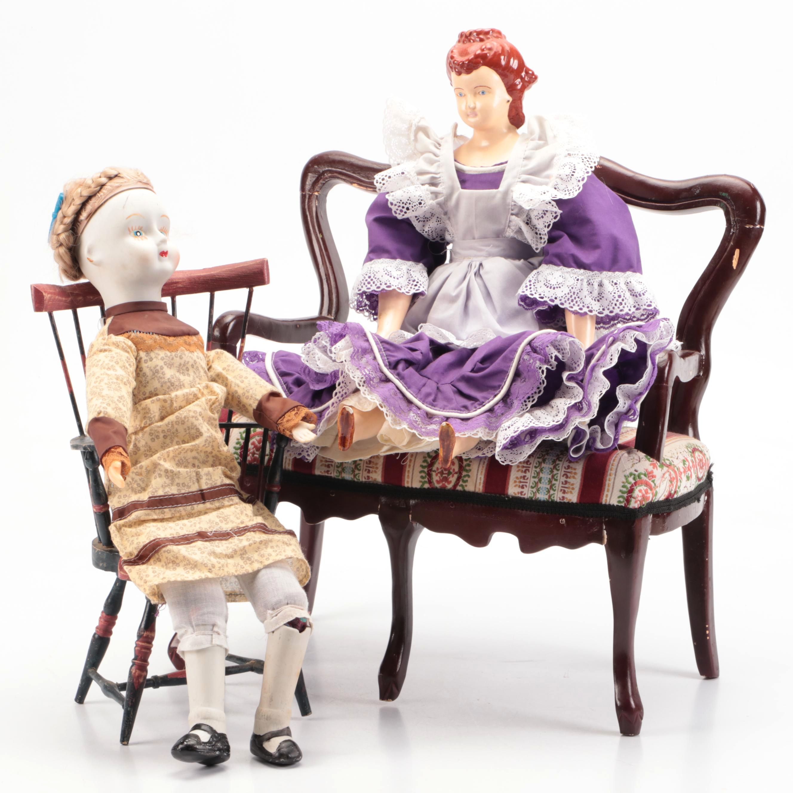 Vintage Walda Porcelain with Other Ceramic Dolls and Wooden Doll Furniture