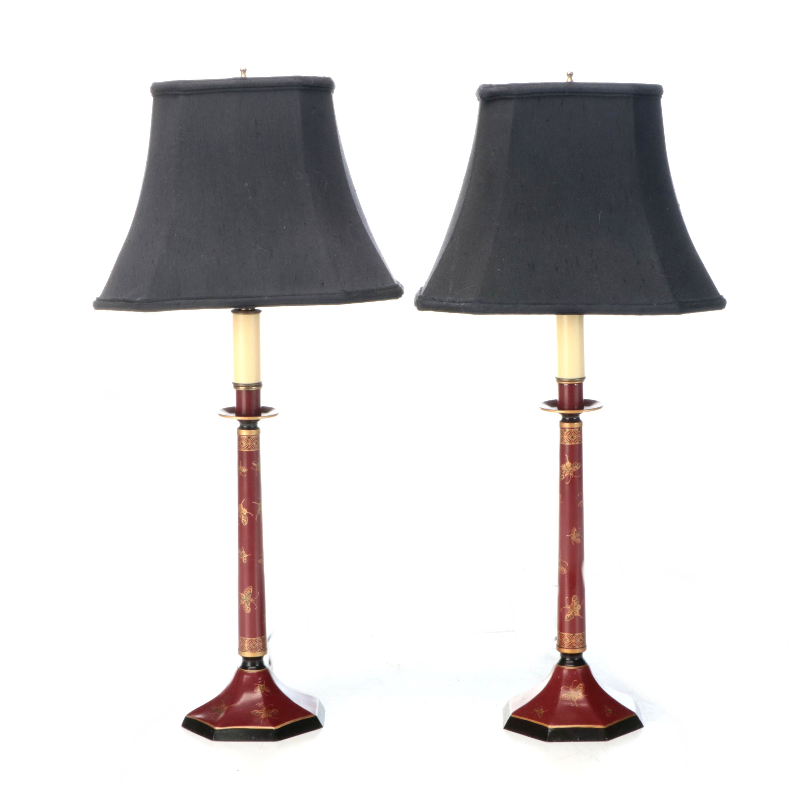 Italian Red and Gilt Toleware Candlestick Lamps with Silk-O-Lite Black Shades