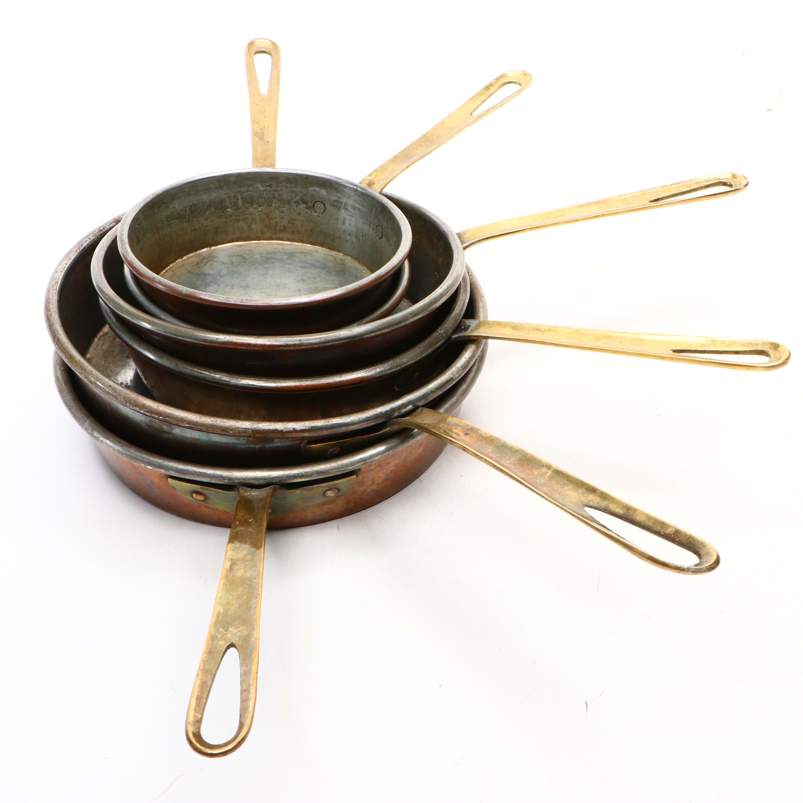 European Hammered Copper Pans with Brass Handles
