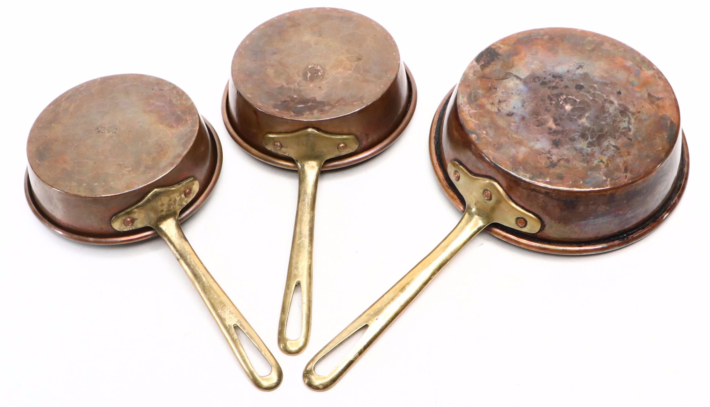 European Hammered Copper Pans with Brass Handles