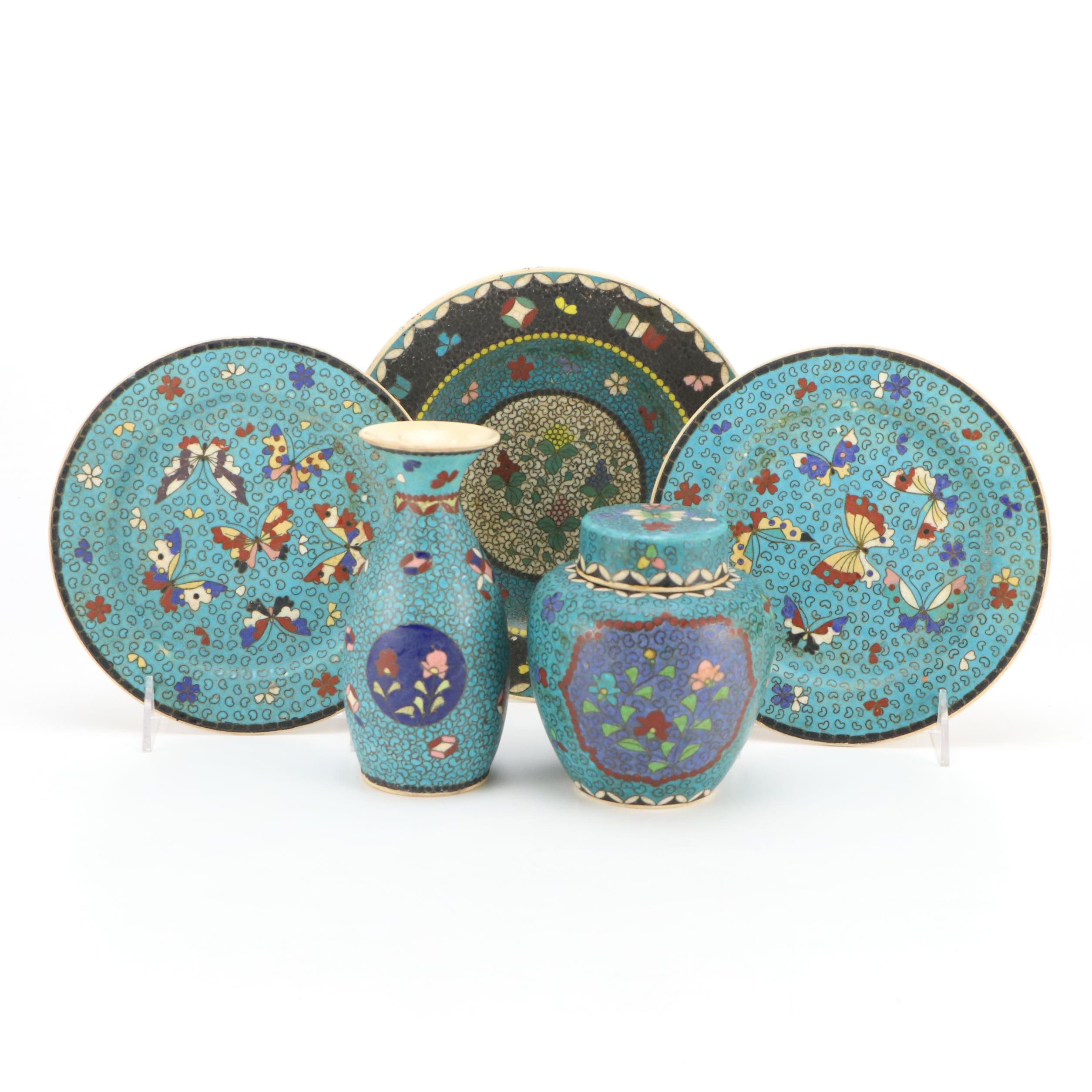Japanese Meiji Style Cloisonné Ceramic Plates, Ginger Jar and Vase