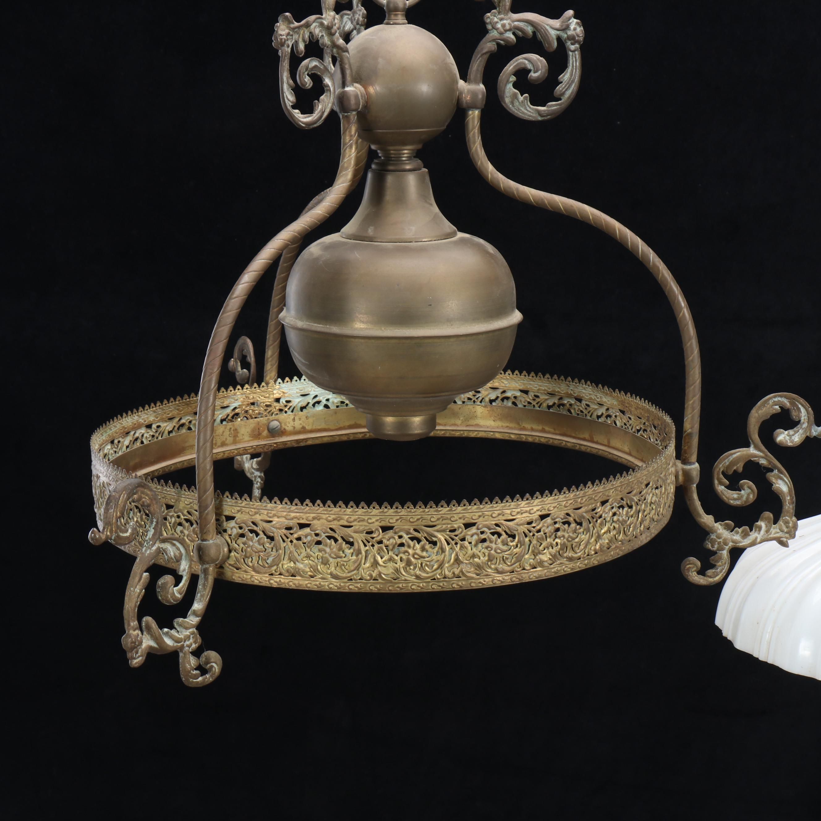 Victorian Hall Pendant Light Font with Frame, and Milk Glass Pendant Shade