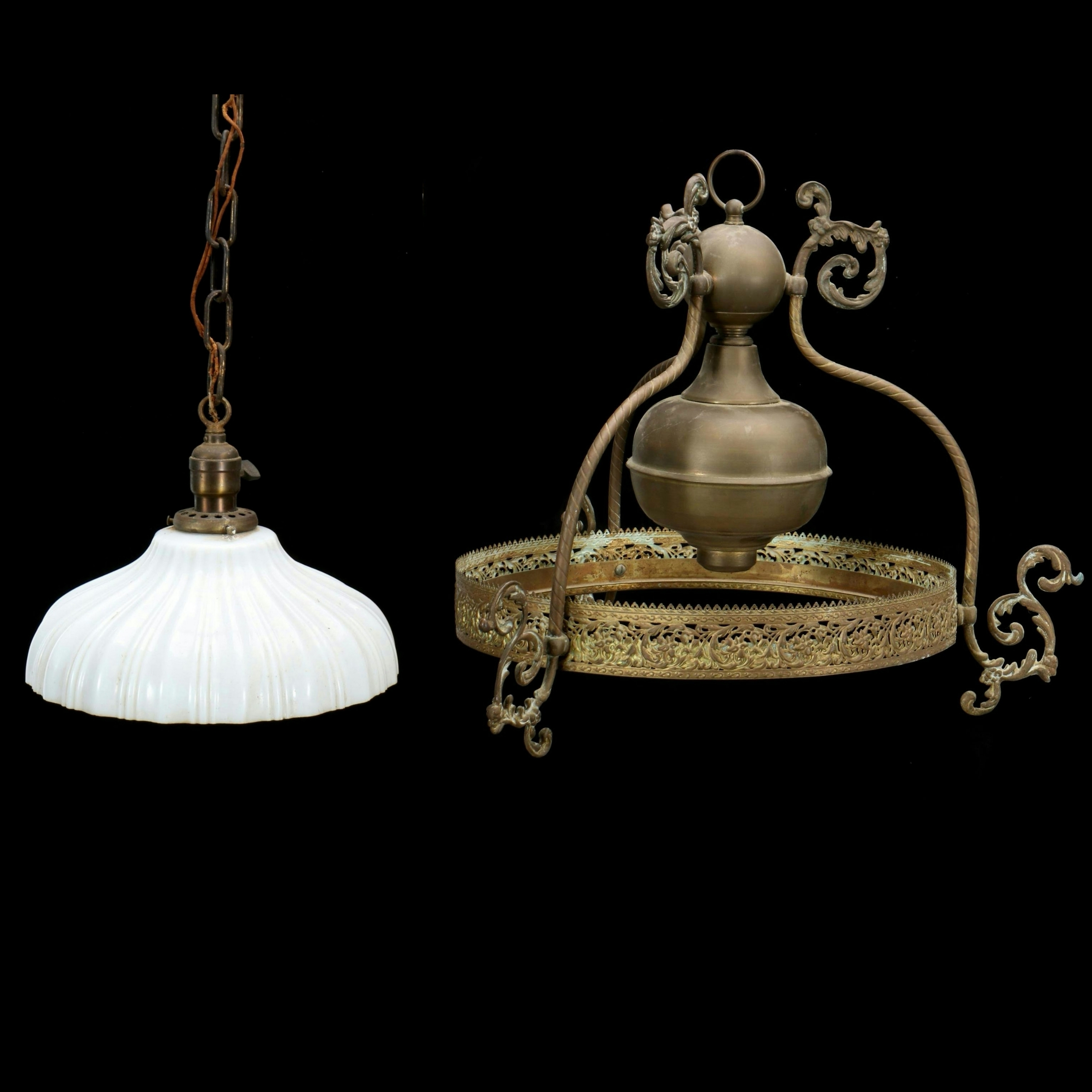 Victorian Hall Pendant Light Font with Frame, and Milk Glass Pendant Shade