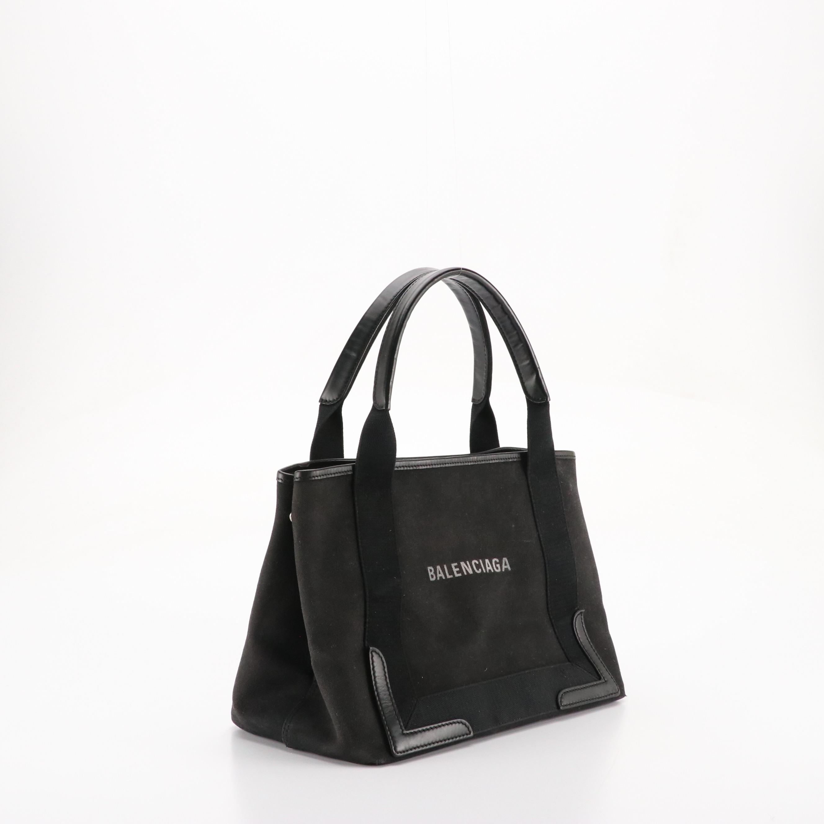 Balenciaga Small Cabas Tote and Zip Pouch in Black Canvas with Leather Trim