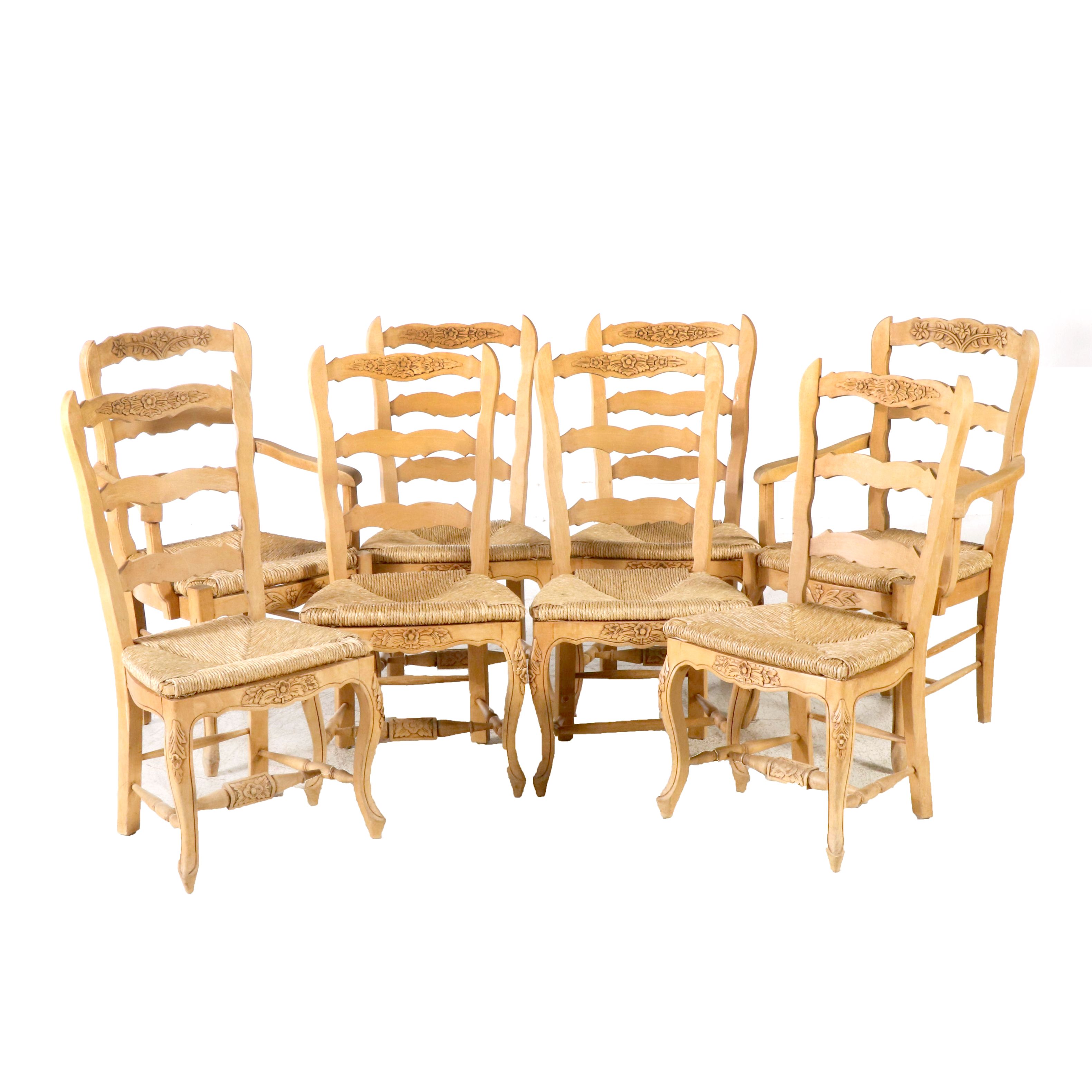 French Country Style Carved Ladder Back Dining Chairs with Rush Seats