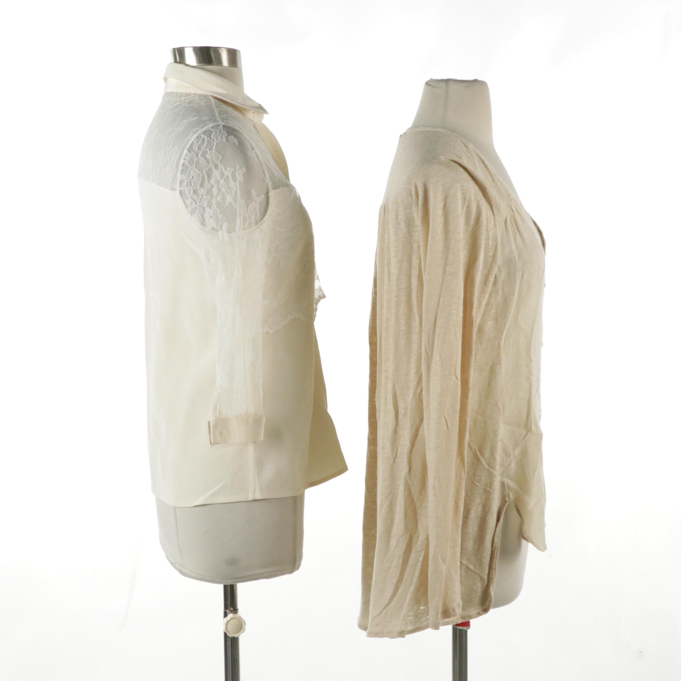 Erin Ivory Lace-Layered Blouse and Calypso Beige Linen Long Sleeve Top