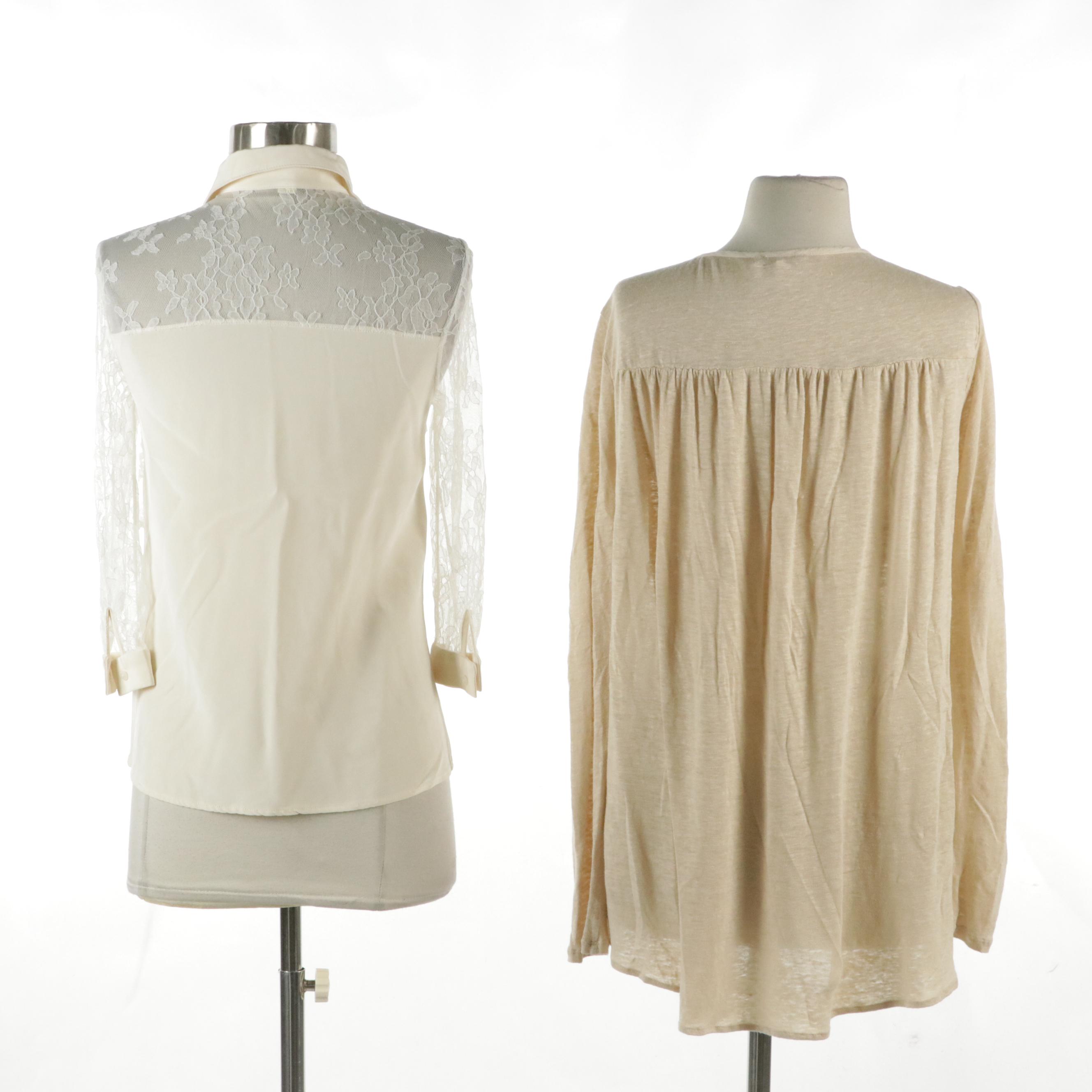 Erin Ivory Lace-Layered Blouse and Calypso Beige Linen Long Sleeve Top