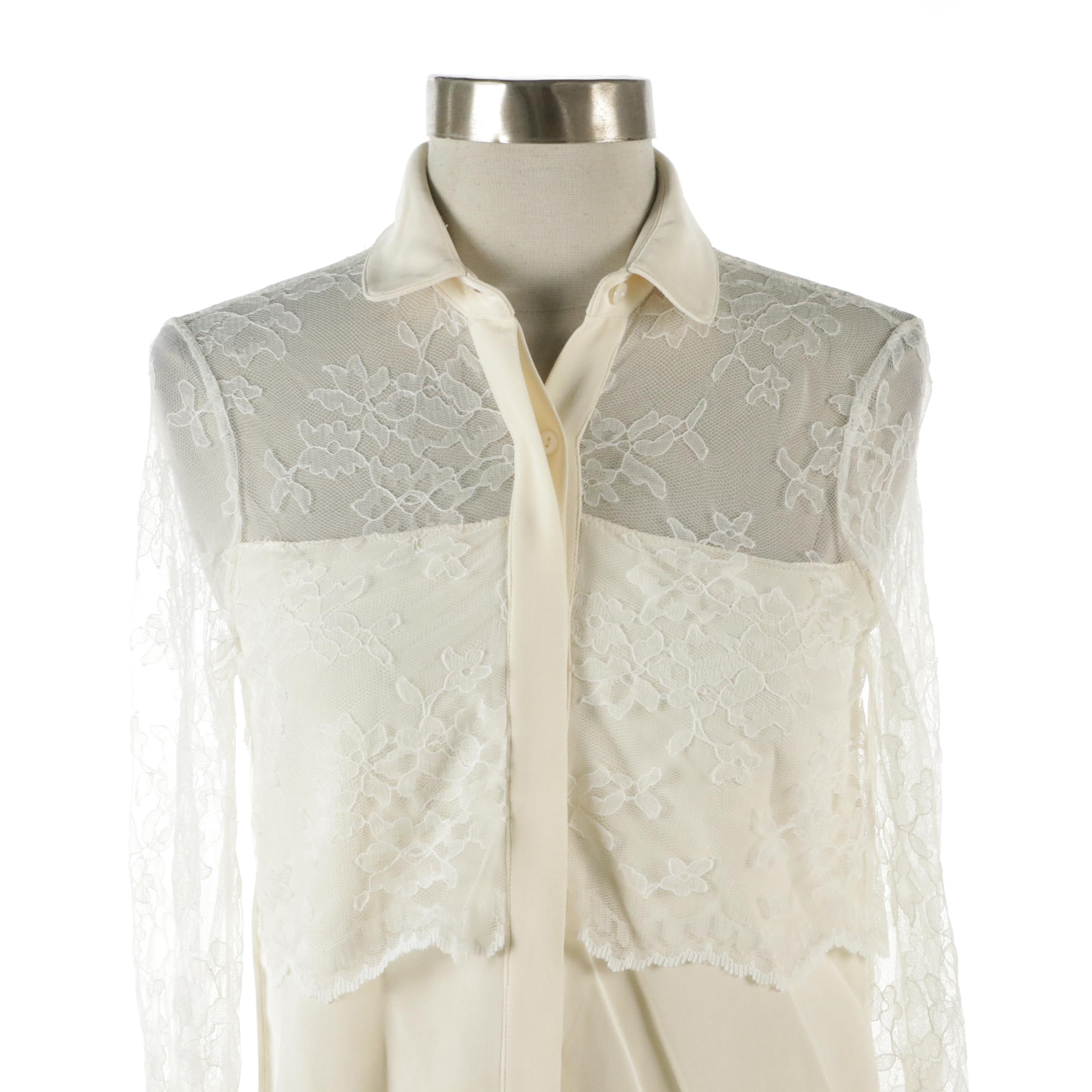 Erin Ivory Lace-Layered Blouse and Calypso Beige Linen Long Sleeve Top