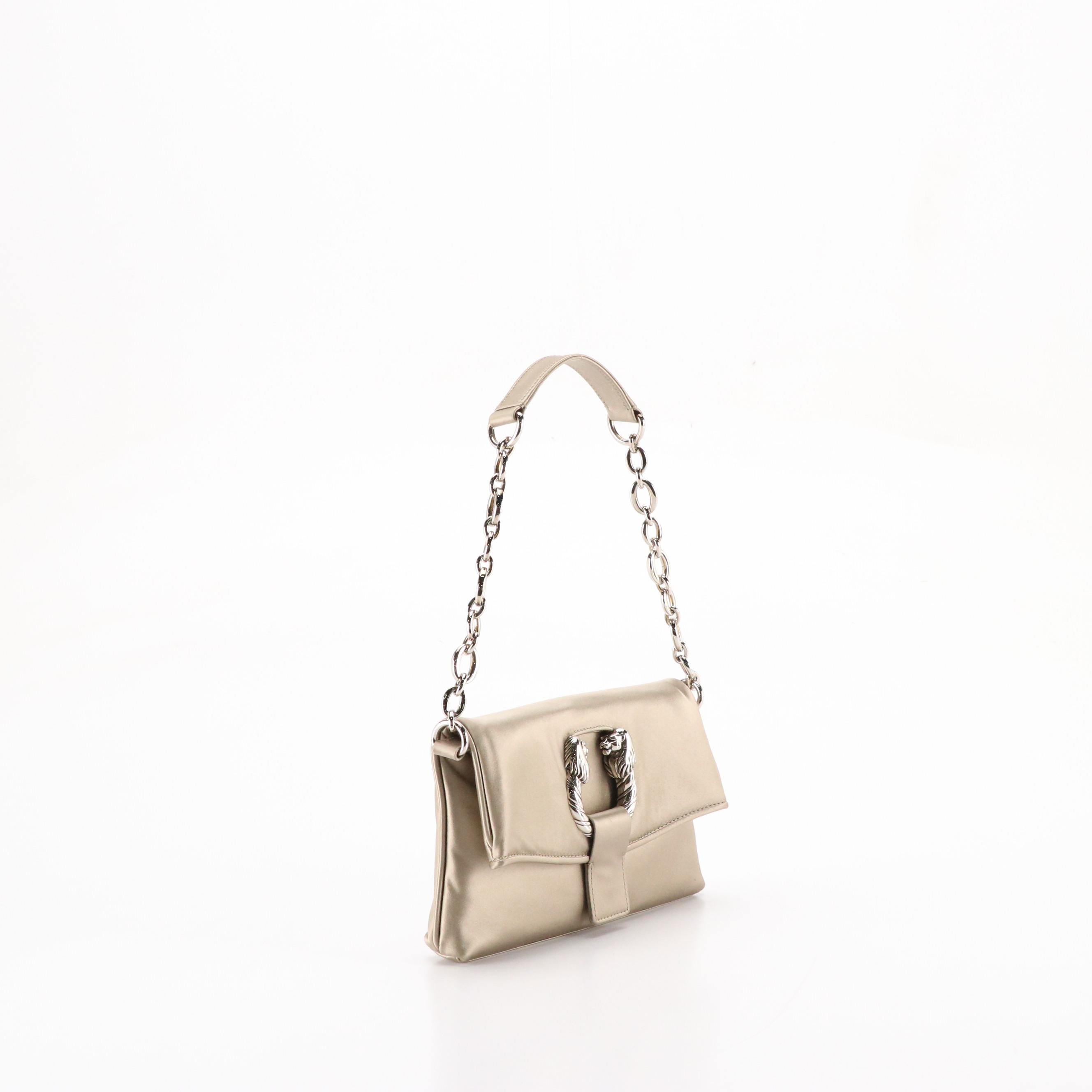 BVLGARI Leoni Chain Strap Clutch Bag in Shimmery Beige Satin