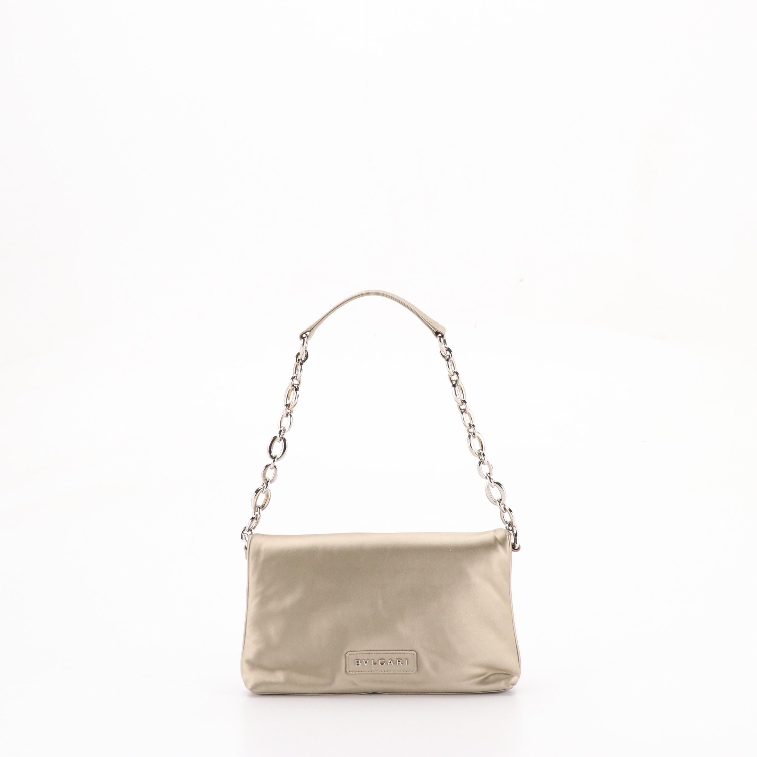 BVLGARI Leoni Chain Strap Clutch Bag in Shimmery Beige Satin