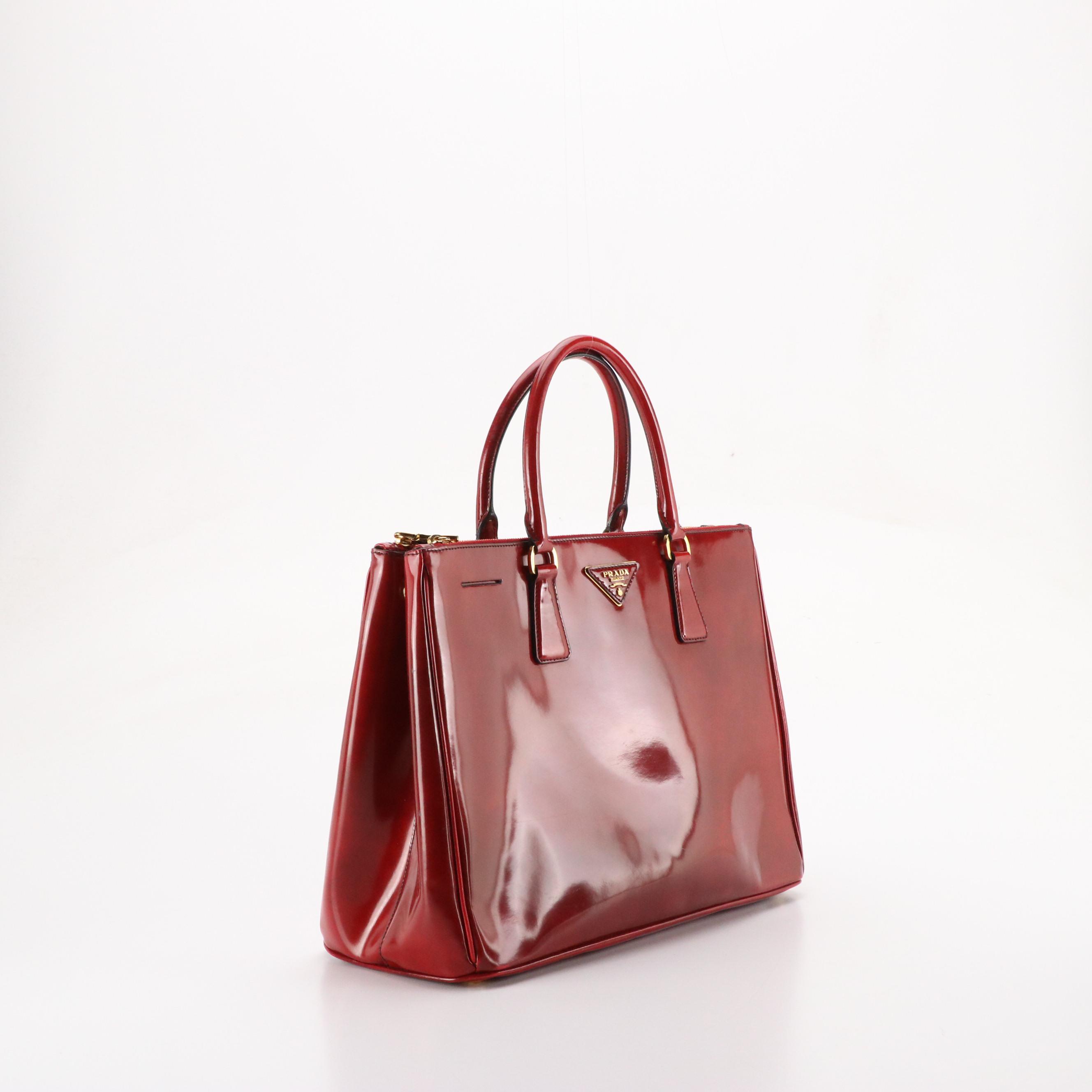 Prada Large Galleria Double Zip Handbag Tote in Dark Red Patent Leather