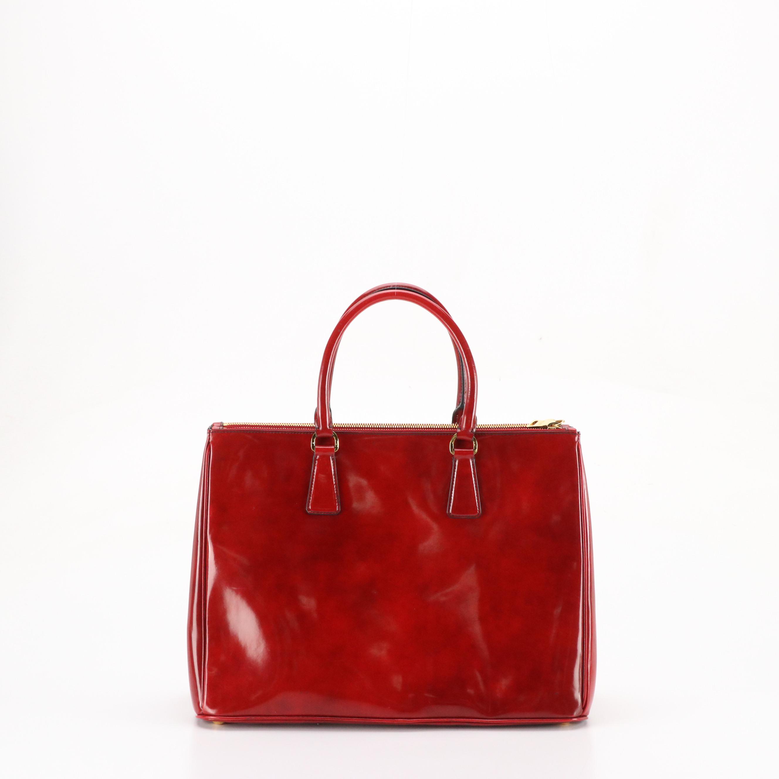 Prada Large Galleria Double Zip Handbag Tote in Dark Red Patent Leather